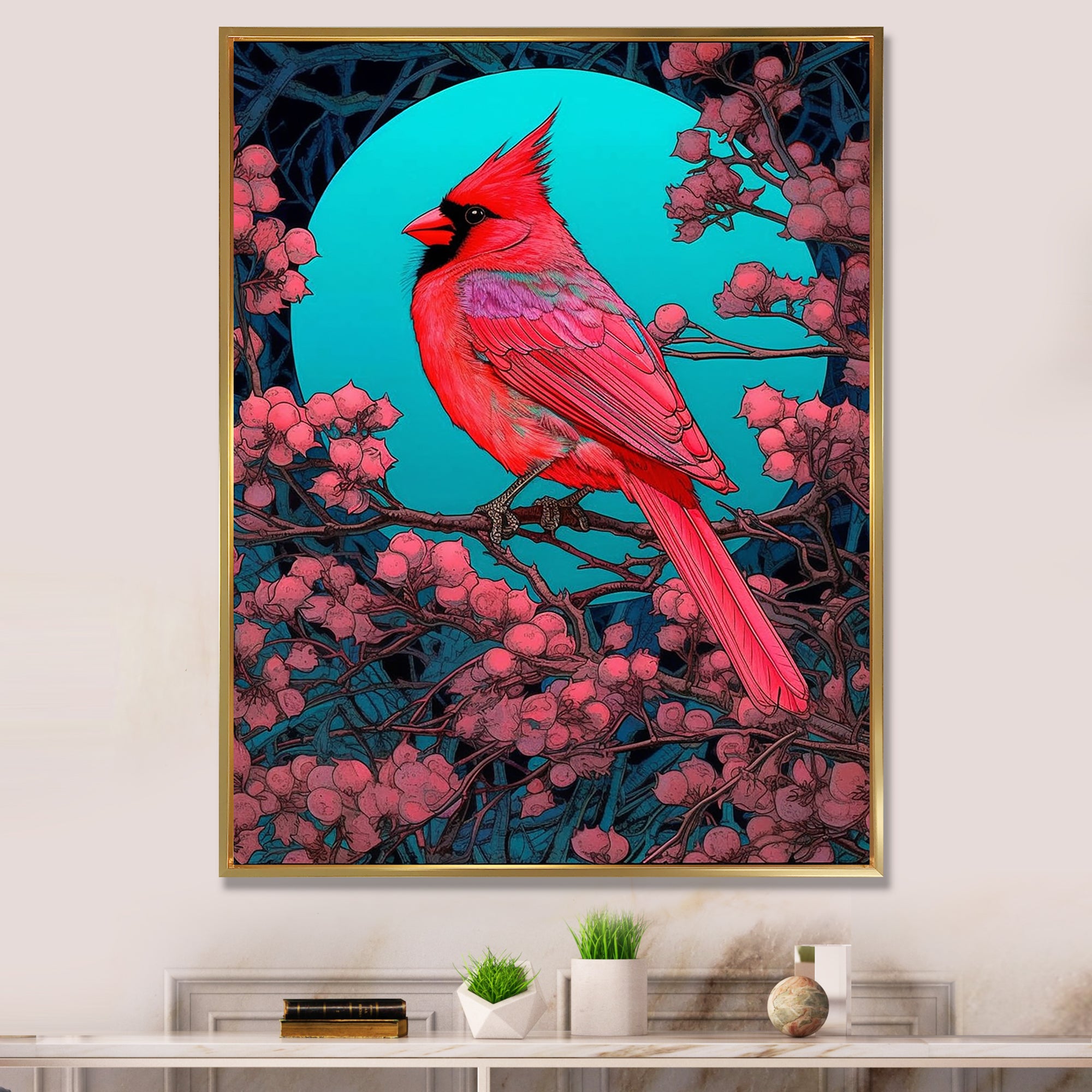 Red Cardinal Bird Under Full Moon - Bird Framed Canvas Art
