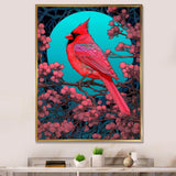 Red Cardinal Bird Under Full Moon - Bird Framed Canvas Art