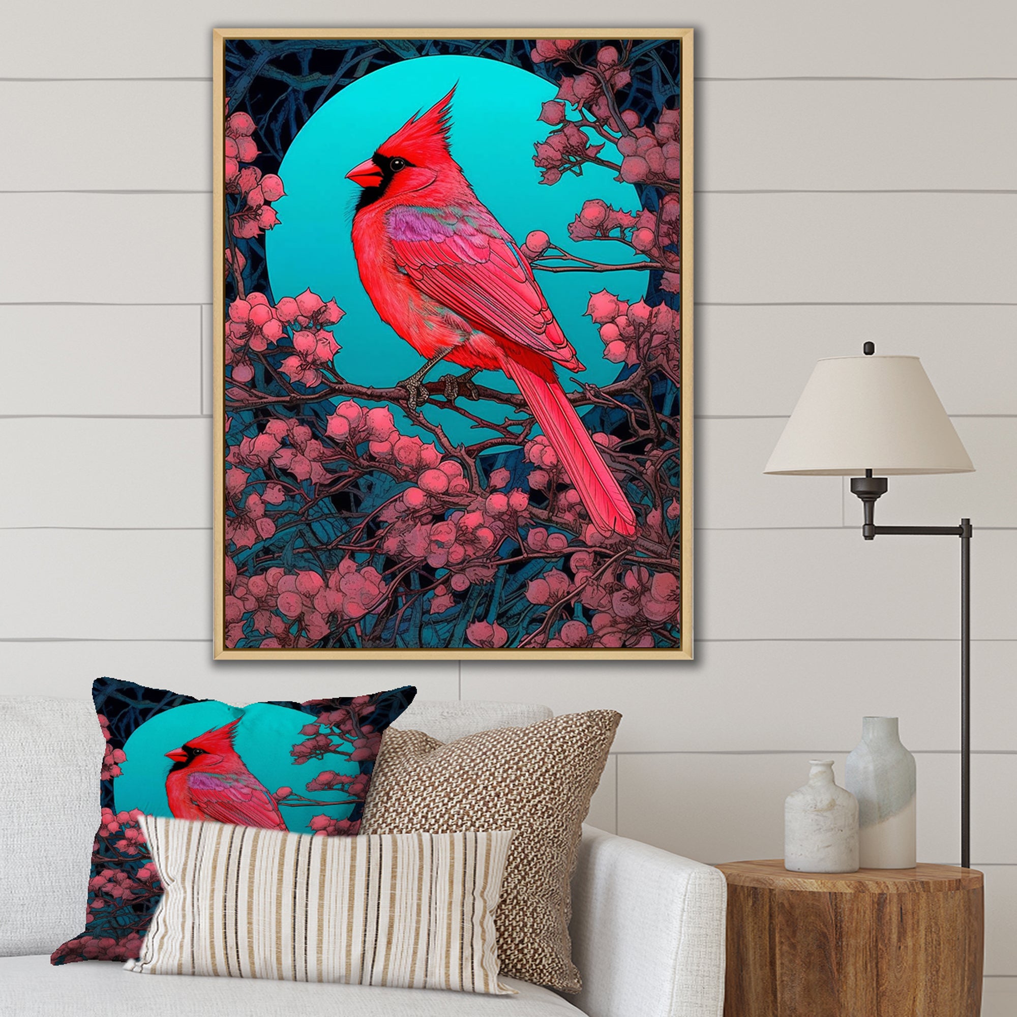 Red Cardinal Bird Under Full Moon - Bird Framed Canvas Art