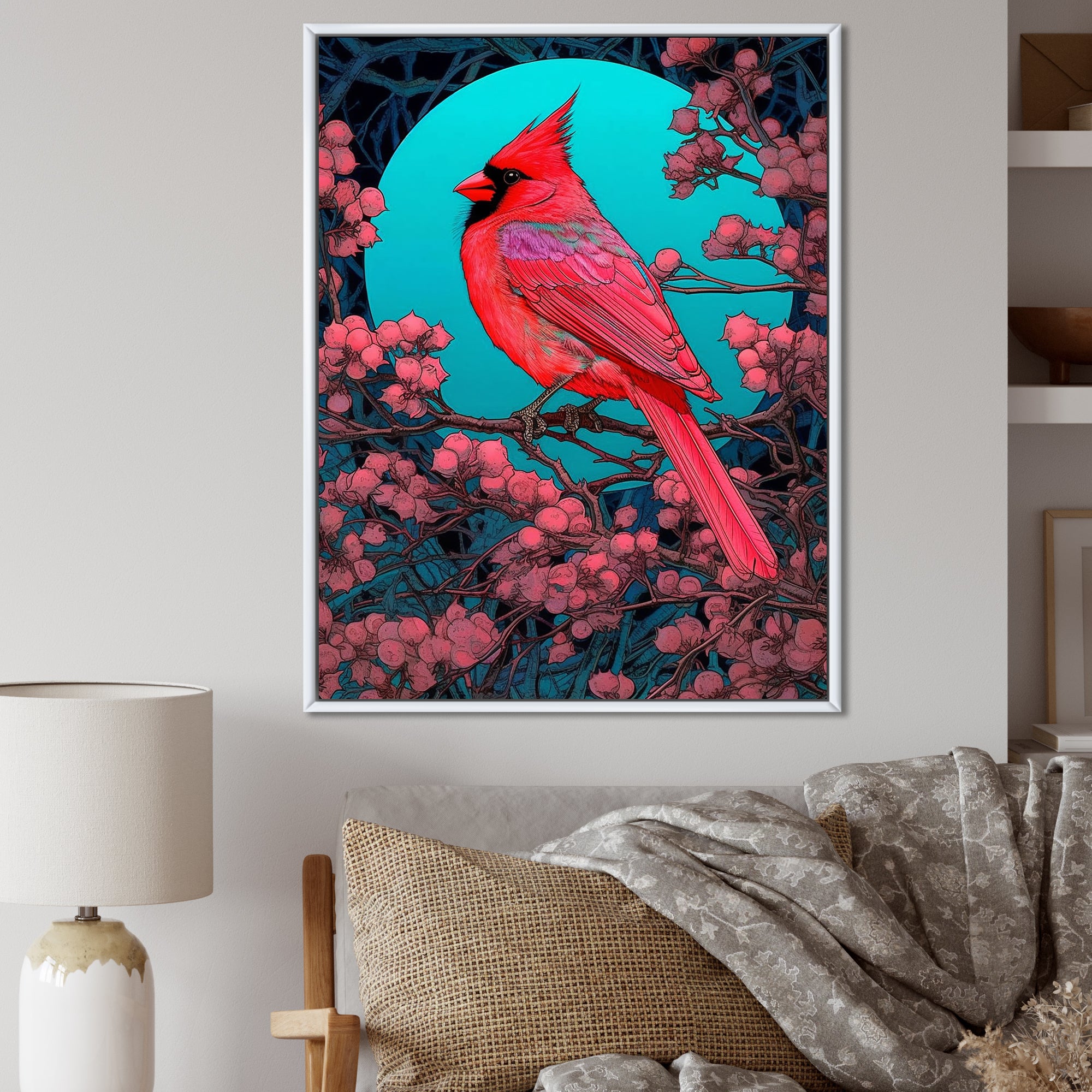 Red Cardinal Bird Under Full Moon - Bird Framed Canvas Art