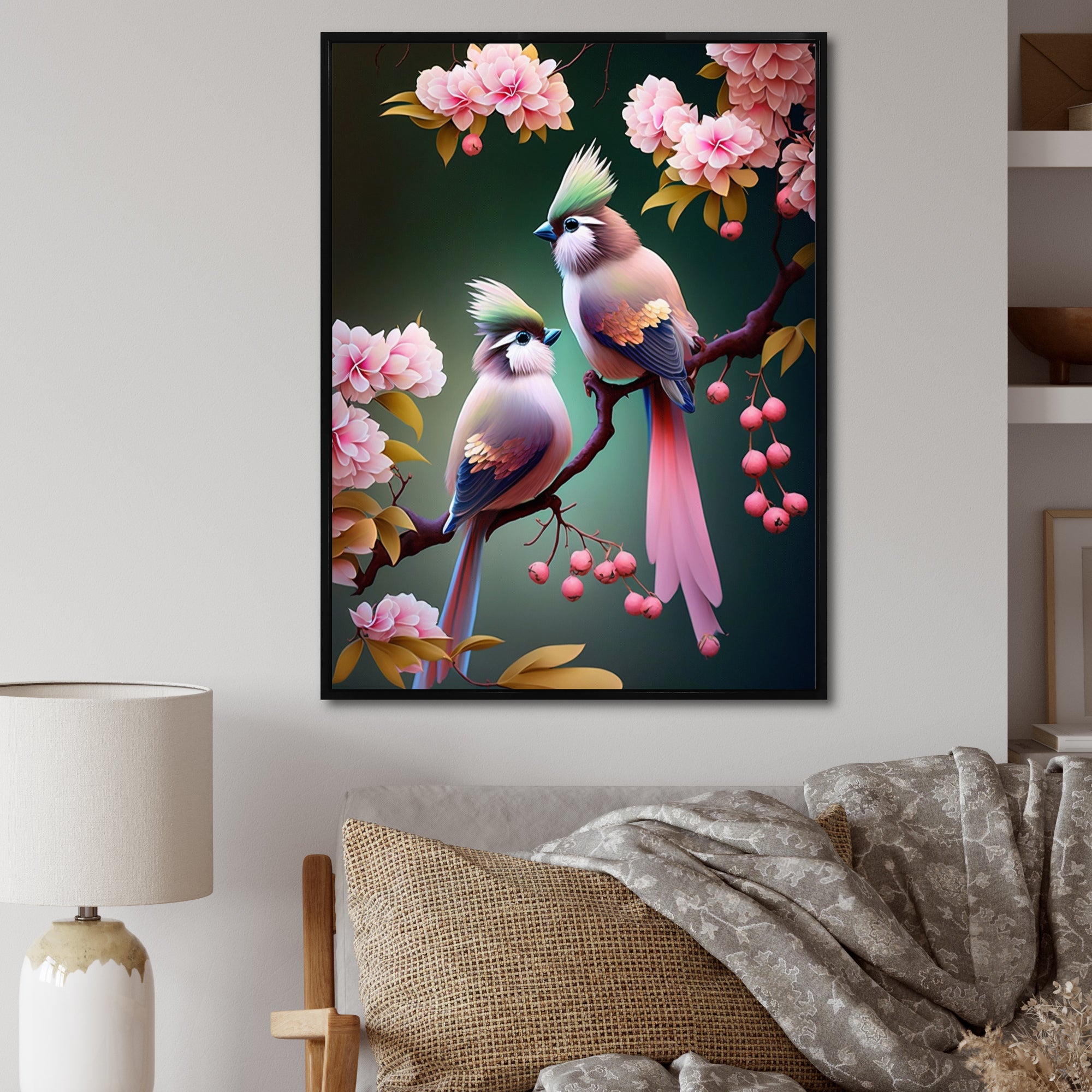 Pink Cardinal Birds On A Branch - Bird Bedroom Wall Art