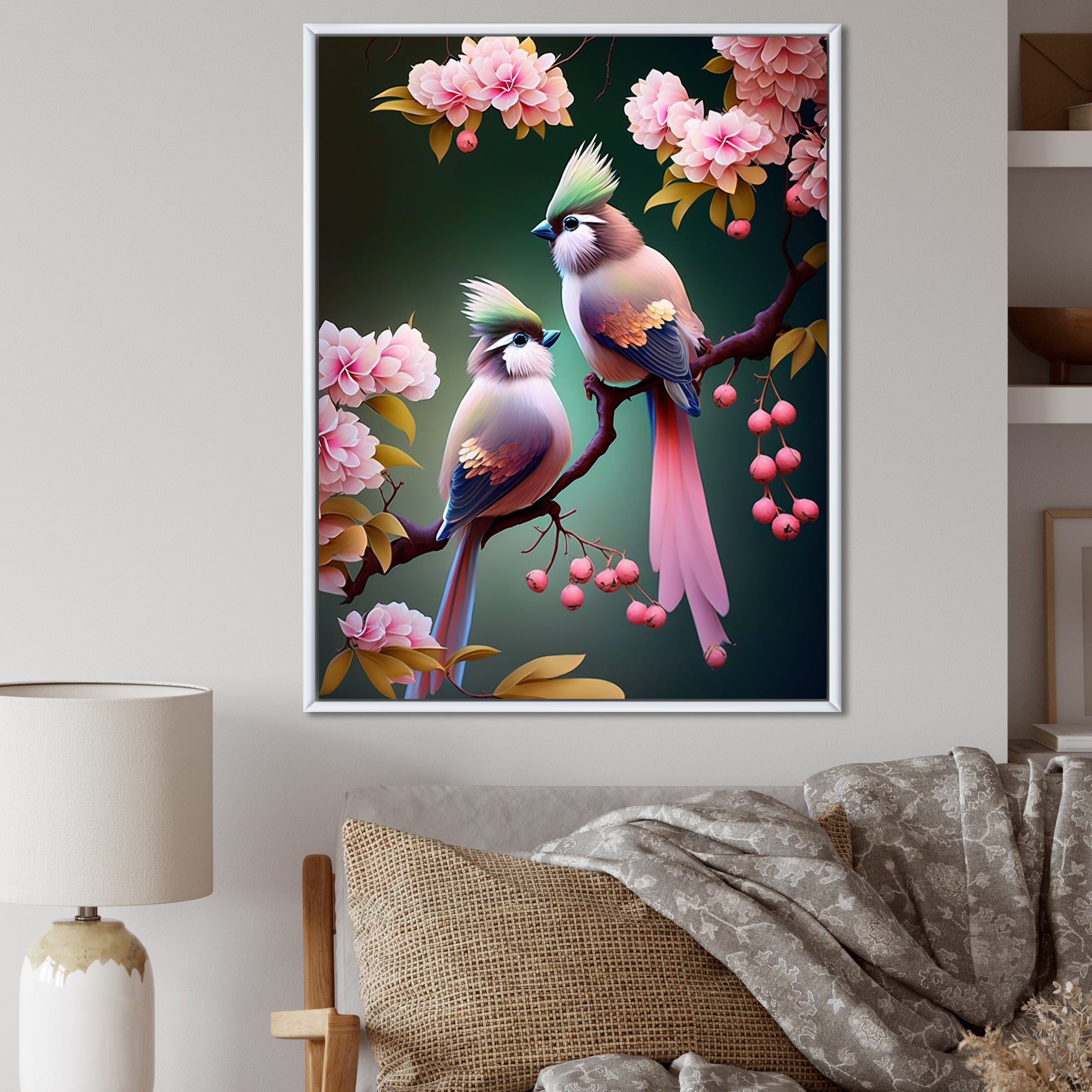 Pink Cardinal Birds On A Branch - Bird Bedroom Wall Art