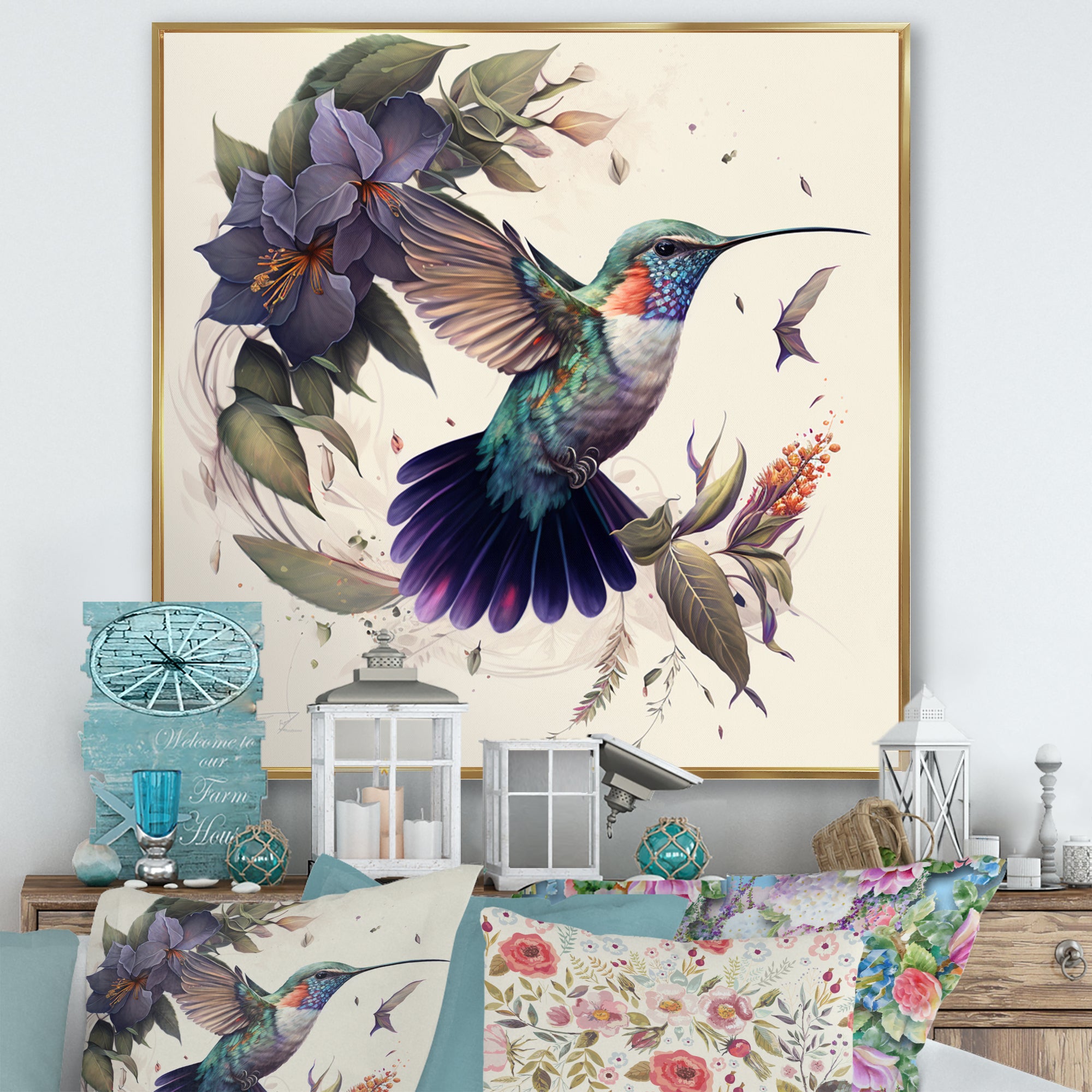 Purple Colibri Vintage Illustration - Bird Canvas Wall Art