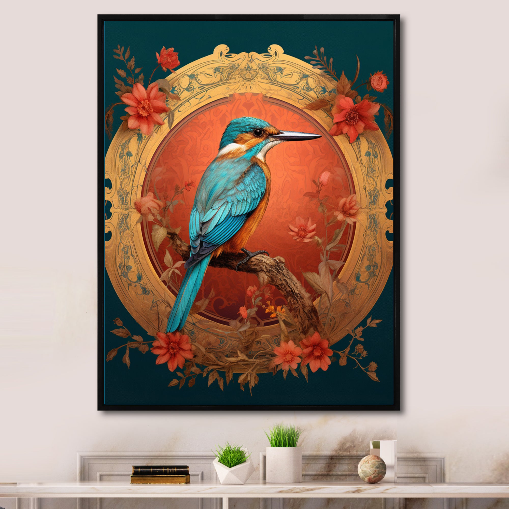 Blue Kingfisher Retro Illustration - Bird Canvas Wall Art