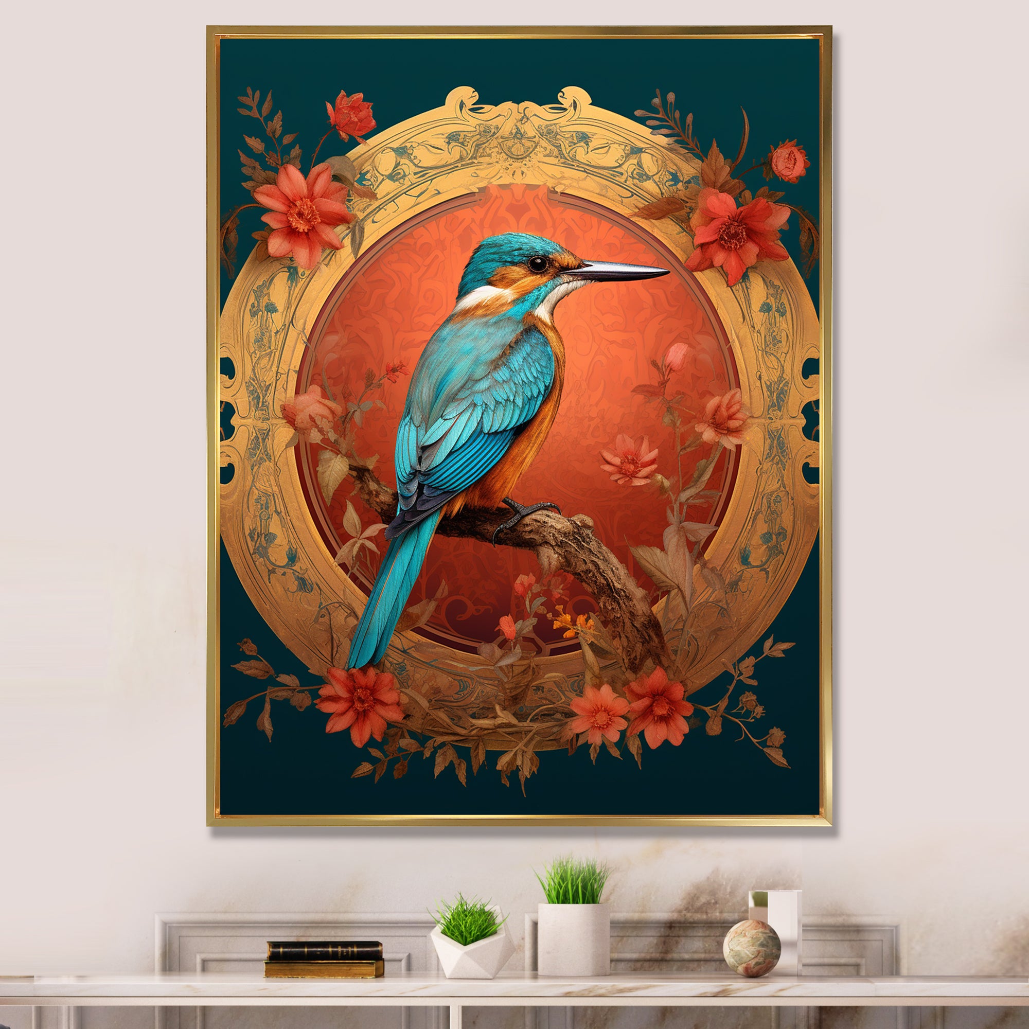 Blue Kingfisher Retro Illustration - Bird Canvas Wall Art
