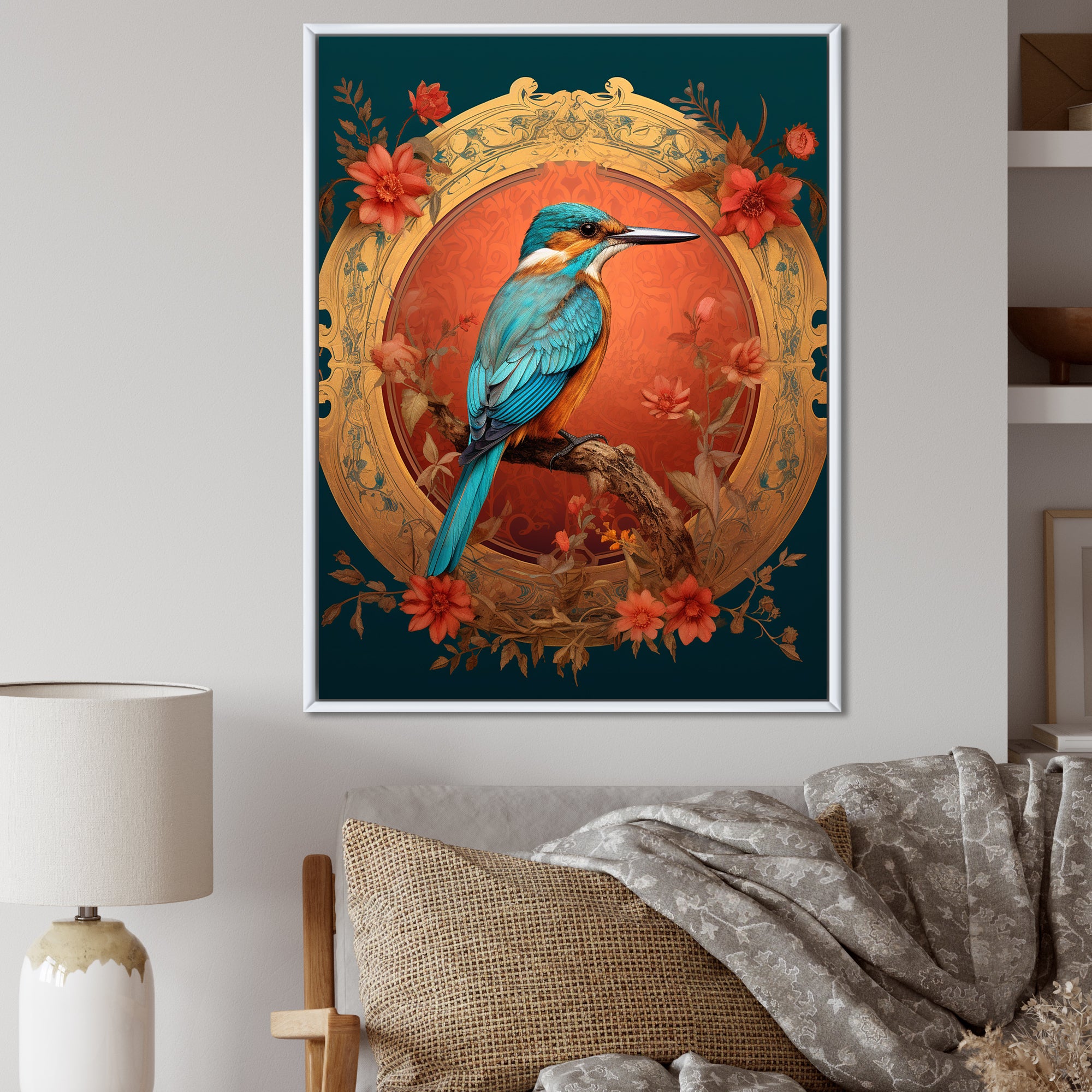 Blue Kingfisher Retro Illustration - Bird Canvas Wall Art
