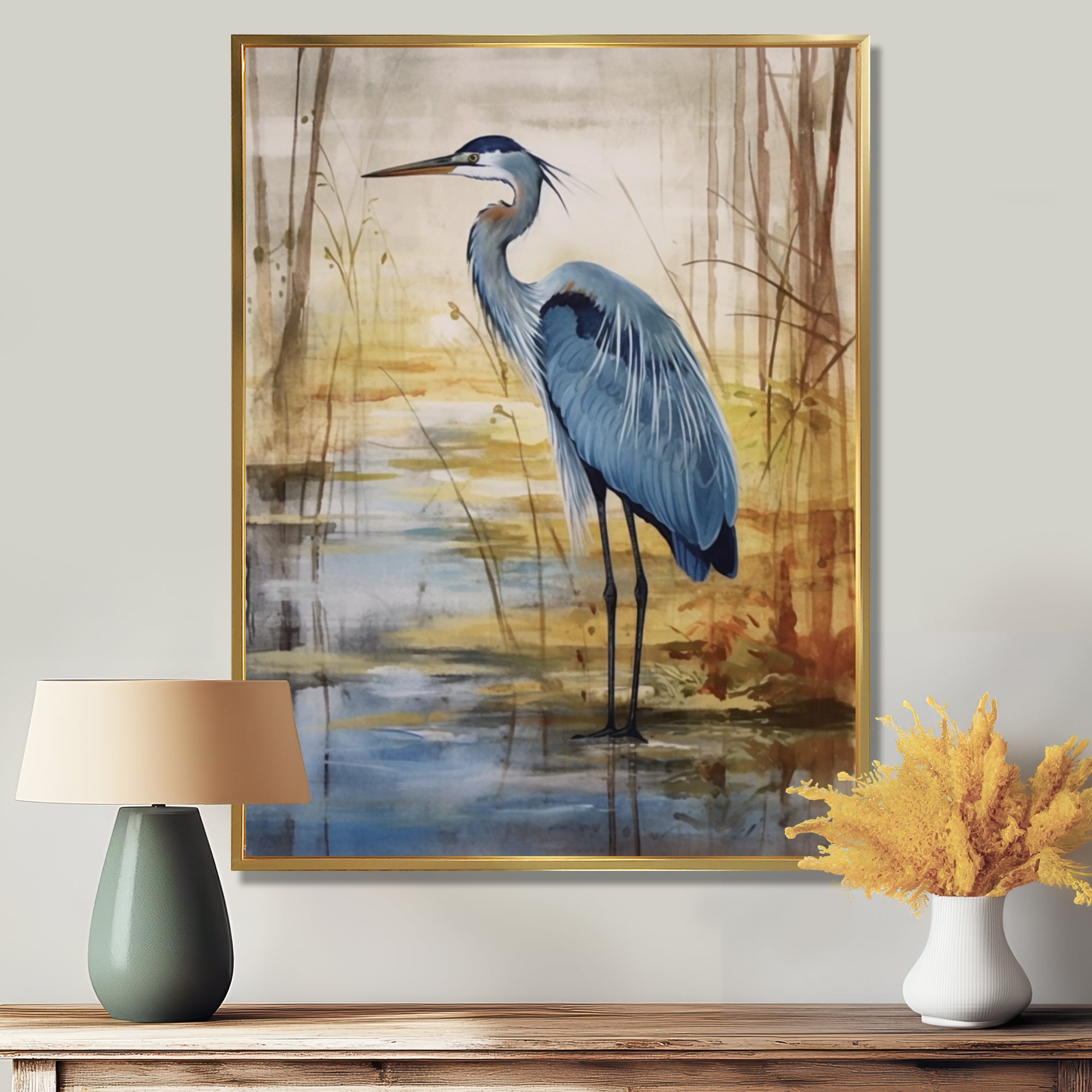 Blue Heron By The Waterside Watercolor - Bird Wall Art Prints