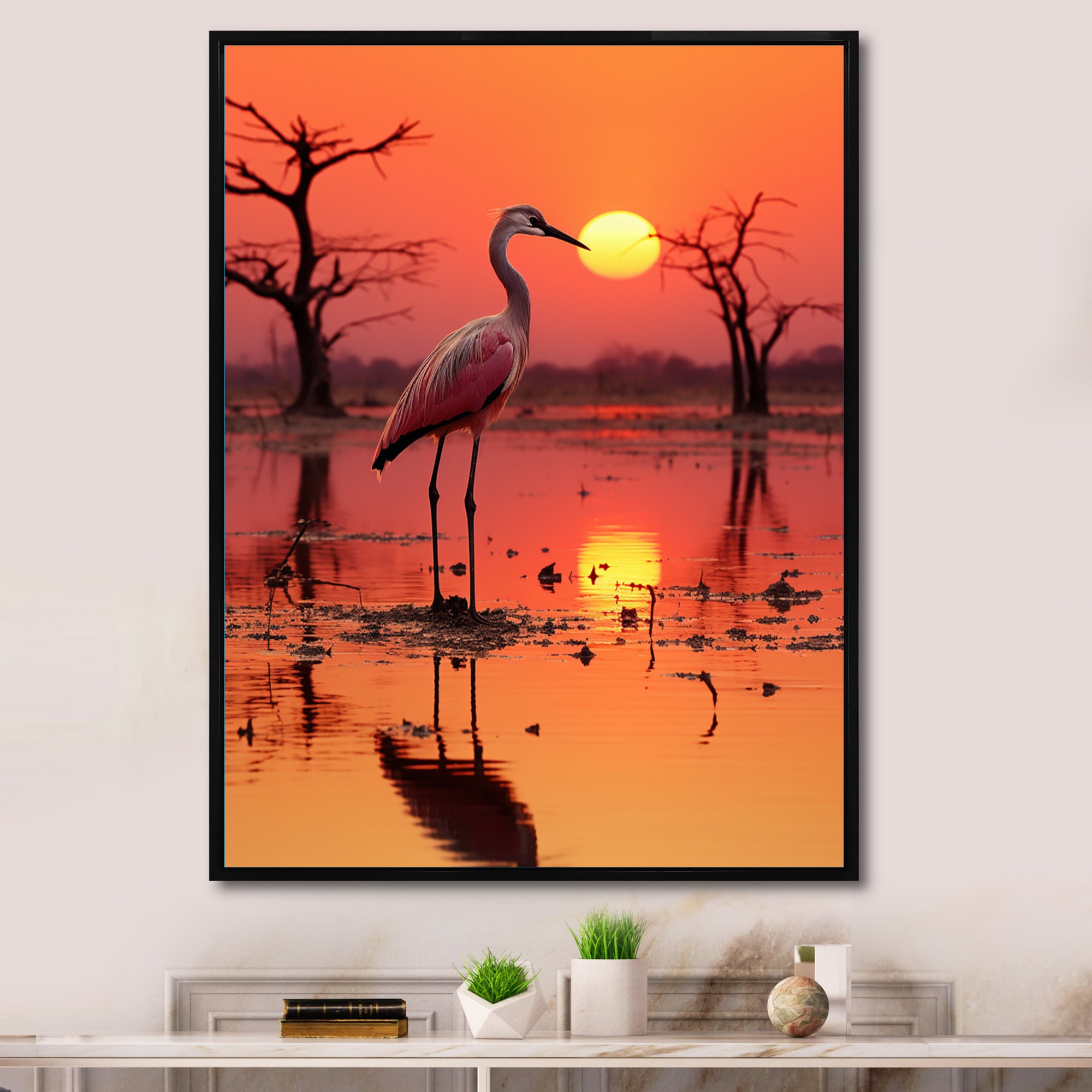 White Stork Pink Sunset Nature Photography - Yellow Bird Wall Art