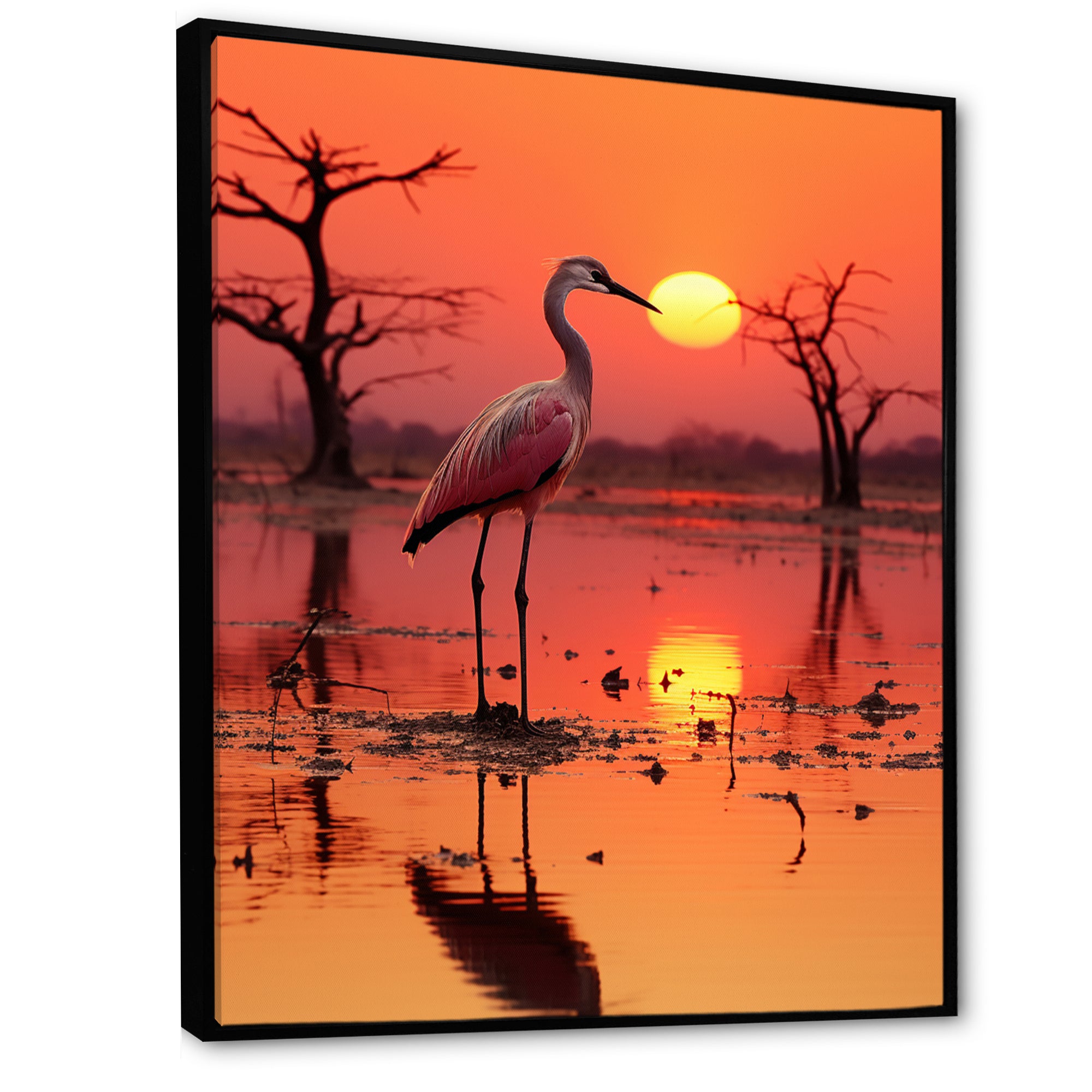 White Stork Pink Sunset Nature Photography - Yellow Bird Wall Art
