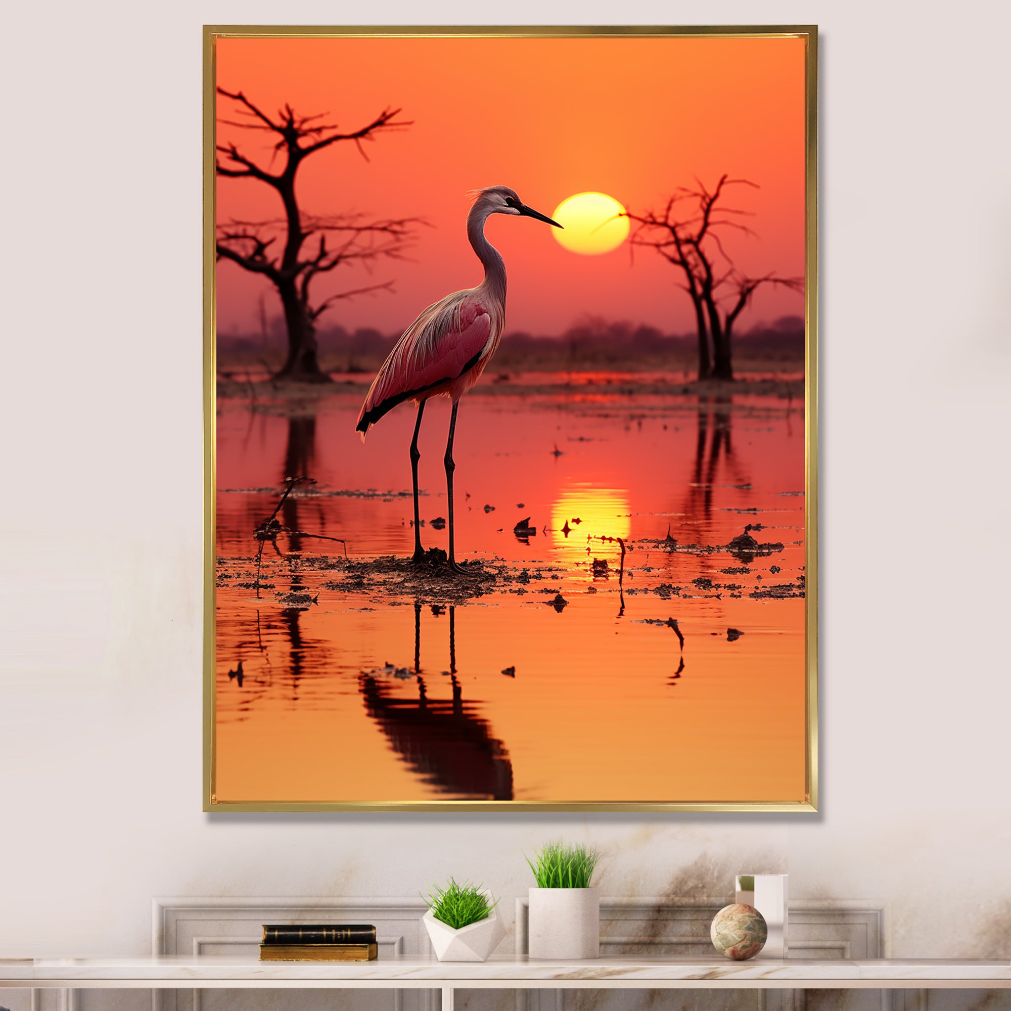 White Stork Pink Sunset Nature Photography - Yellow Bird Wall Art