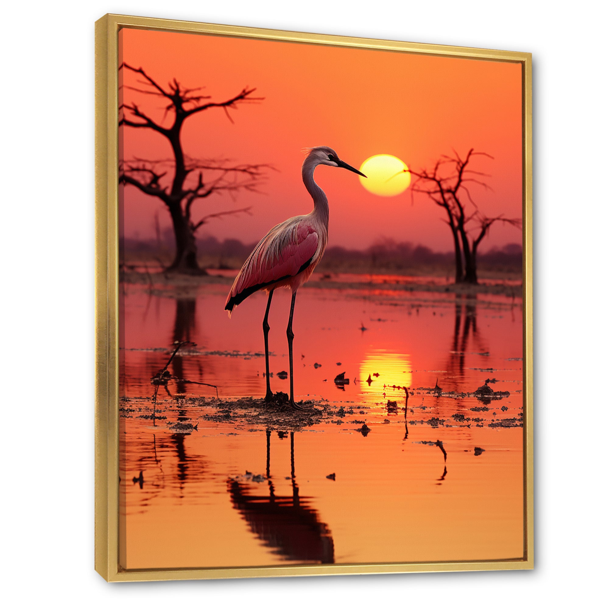 White Stork Pink Sunset Nature Photography - Yellow Bird Wall Art