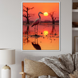 White Stork Pink Sunset Nature Photography - Yellow Bird Wall Art