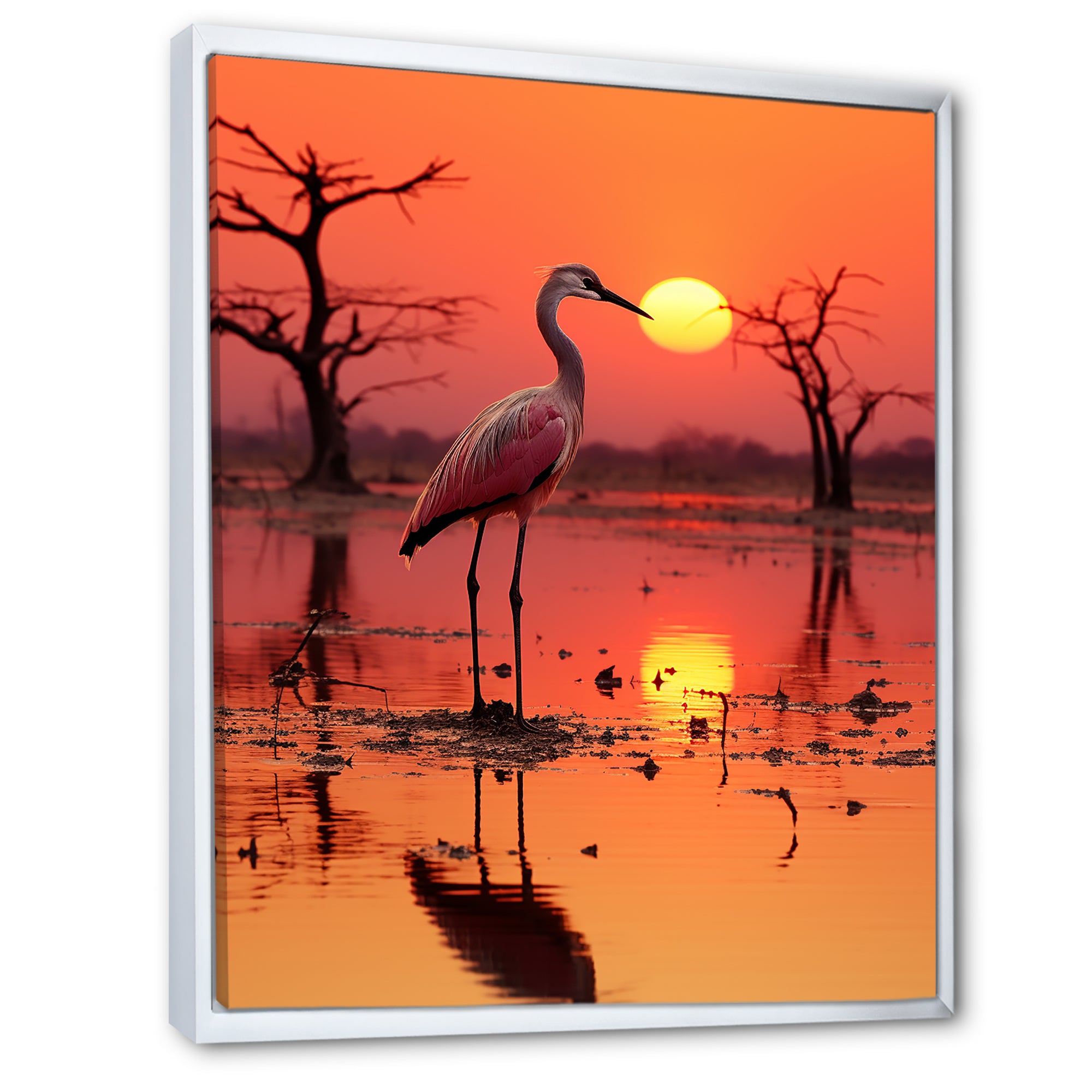 White Stork Pink Sunset Nature Photography - Yellow Bird Wall Art