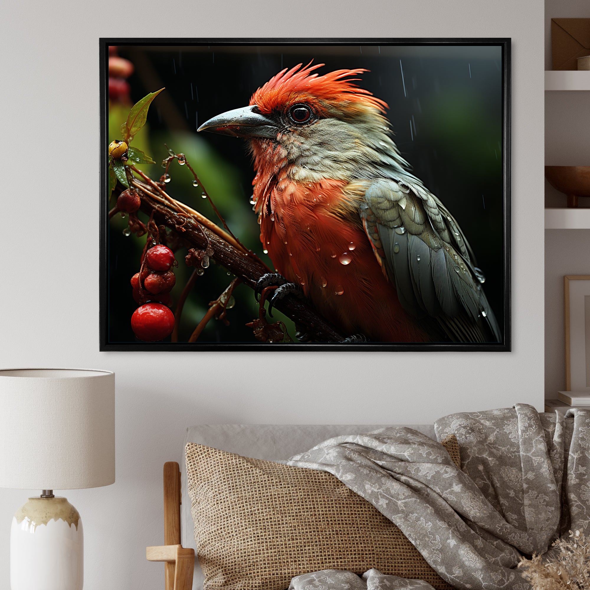 Orange Tropical Bird On Branch Nature Photography - Bird Wall Decor