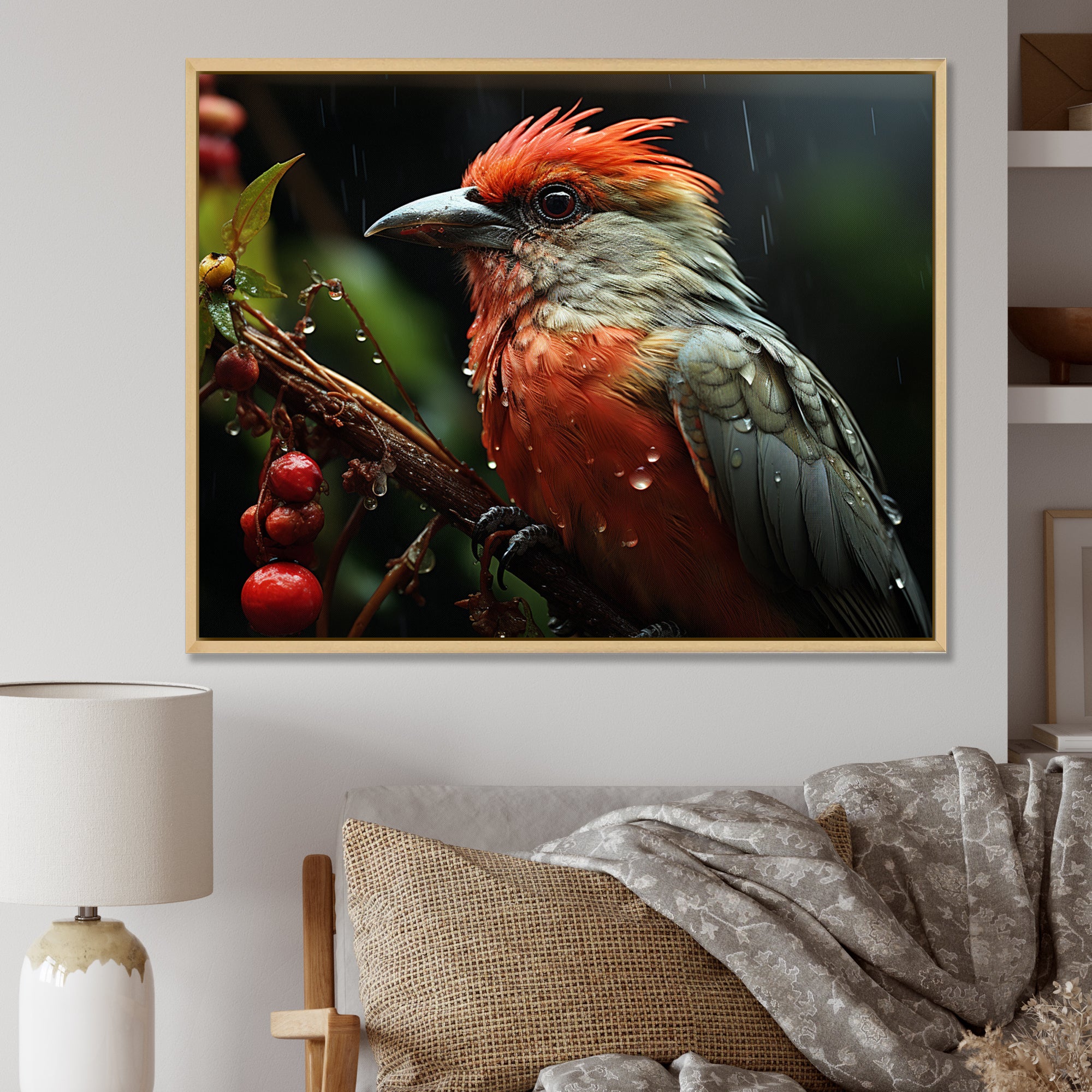 Orange Tropical Bird On Branch Nature Photography - Bird Wall Decor