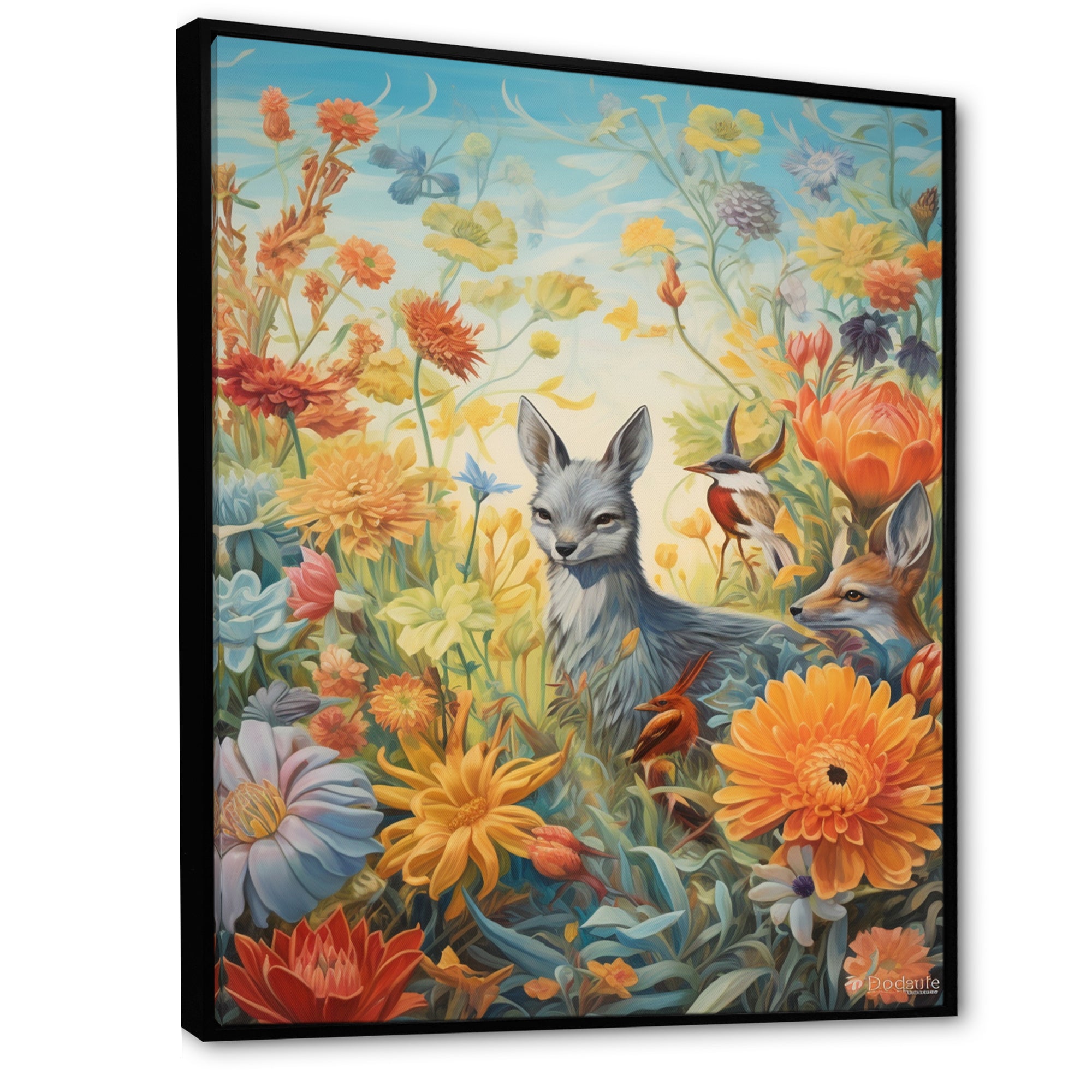 Wildlife In Paradise Flower field Painting - Blue Bird Wall Art