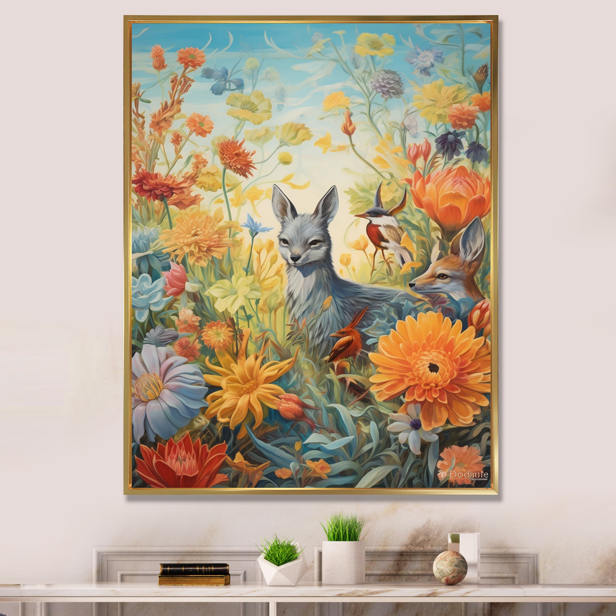 Wildlife In Paradise Flower field Painting - Blue Bird Wall Art