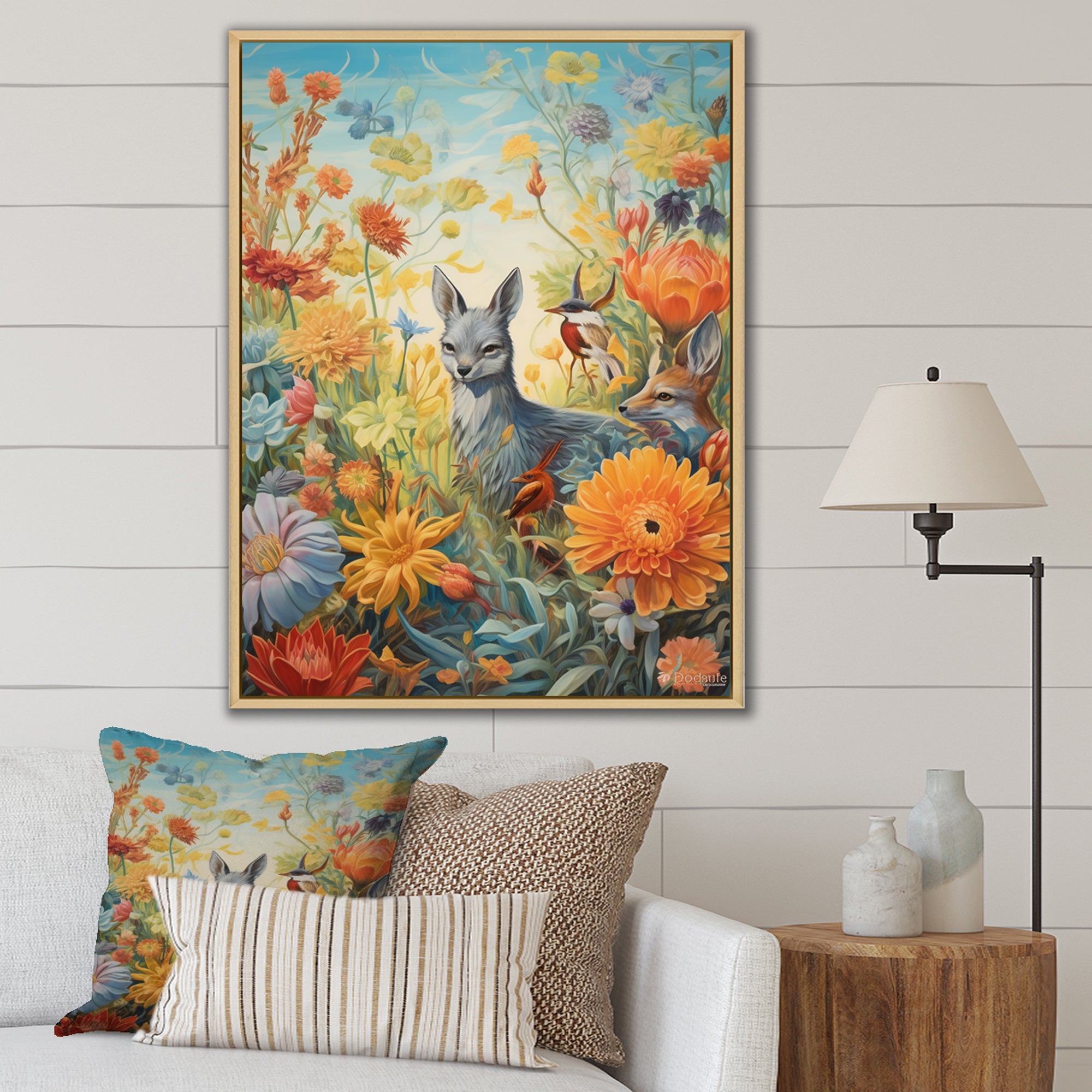 Wildlife In Paradise Flower field Painting - Blue Bird Wall Art