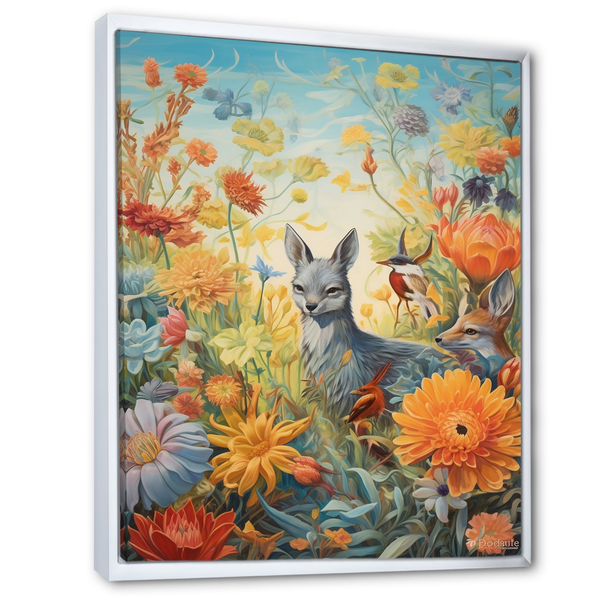 Wildlife In Paradise Flower field Painting - Blue Bird Wall Art