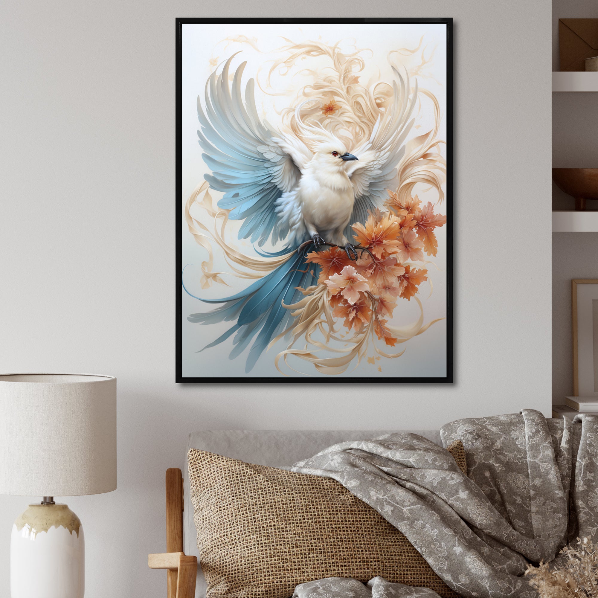 Majestic White Bird On Flower Branch - Bird Home Decor Art
