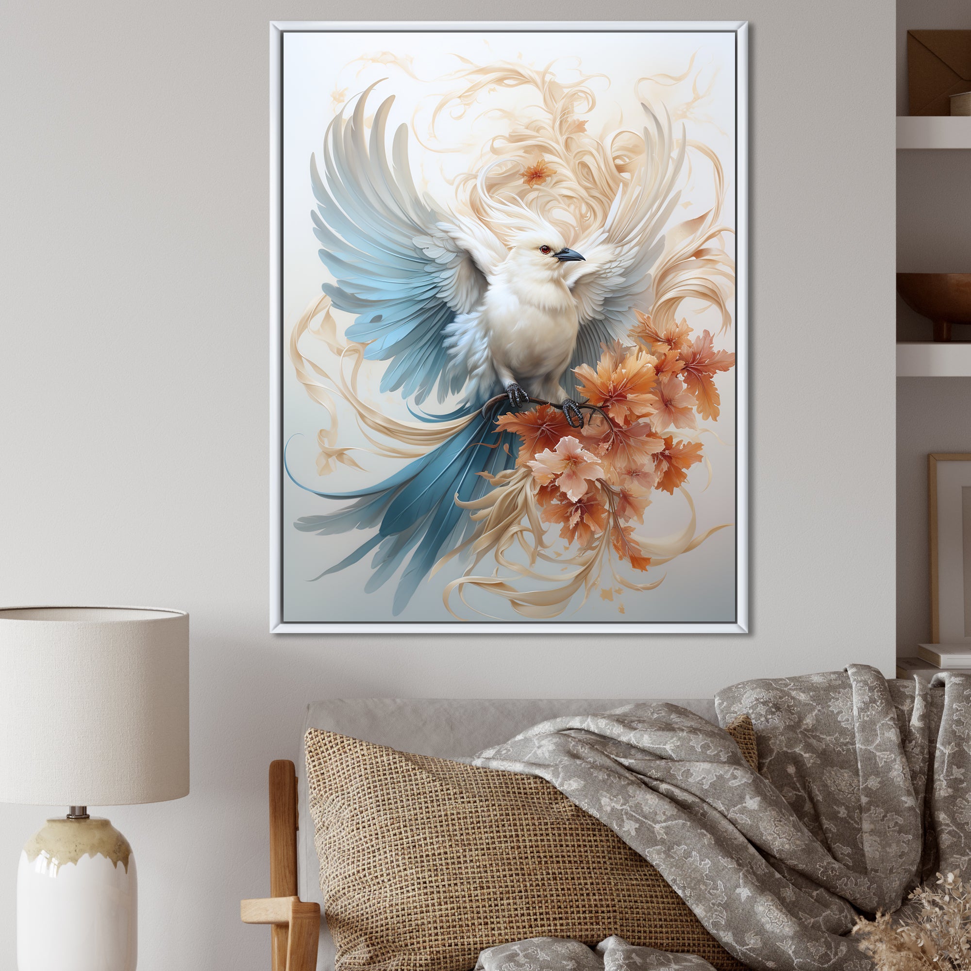 Majestic White Bird On Flower Branch - Bird Home Decor Art