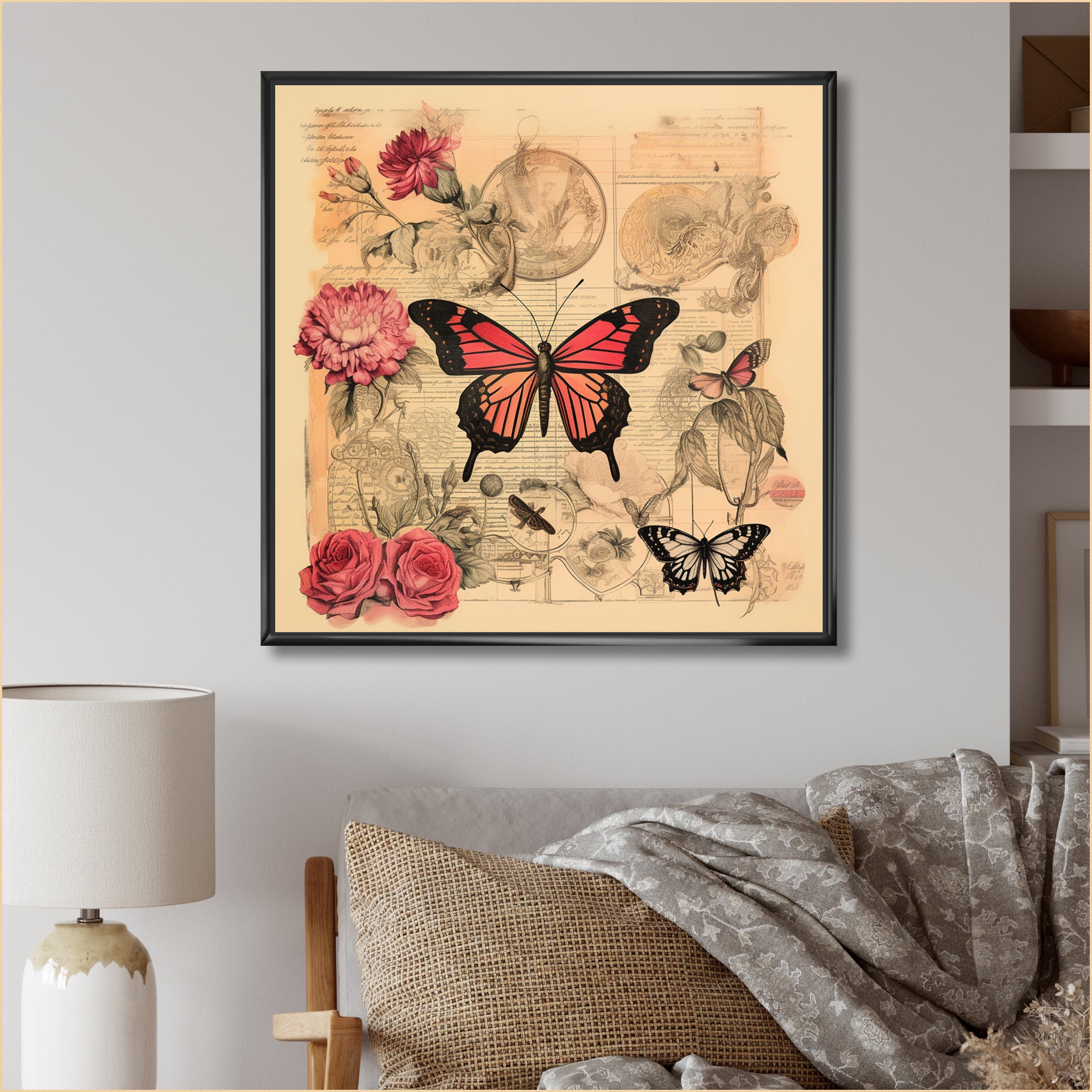 Vintage Illustration Of Romantic Pink Butterfly - Butterfly Canvas Wall Art