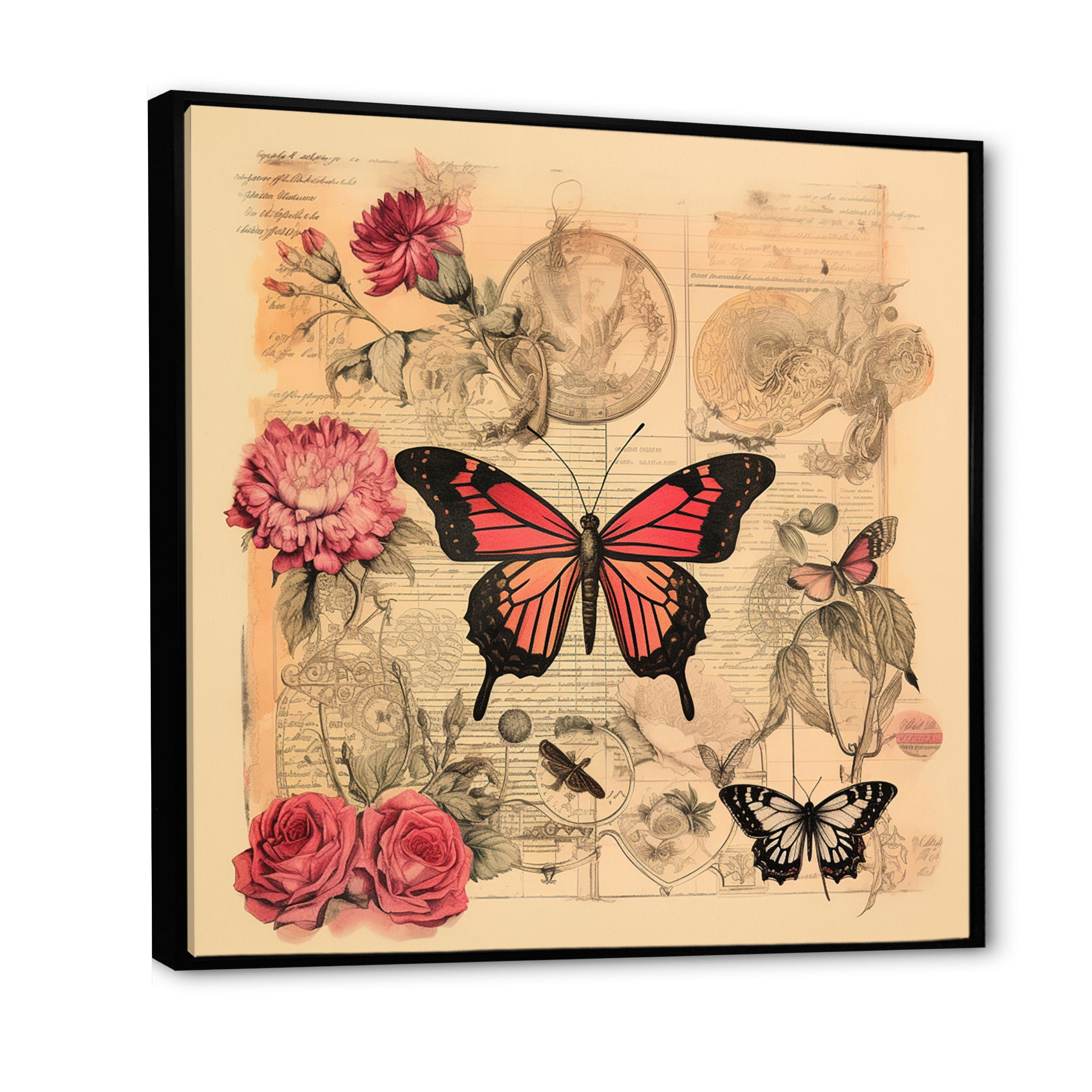 Vintage Illustration Of Romantic Pink Butterfly - Butterfly Canvas Wall Art