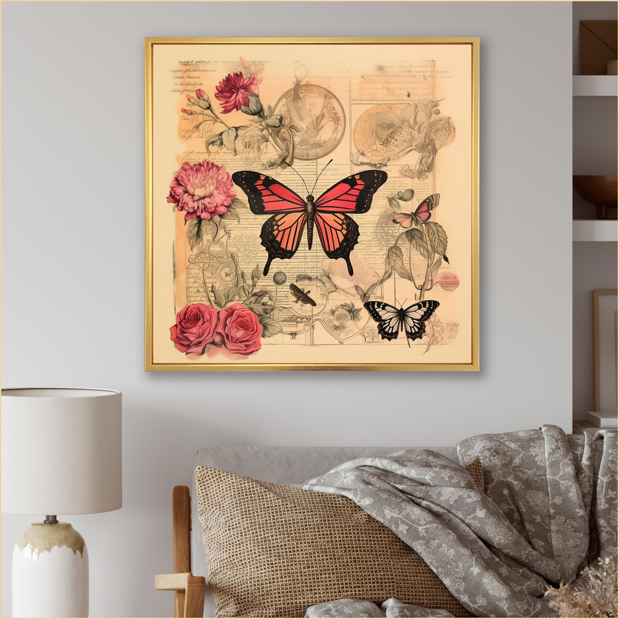 Vintage Illustration Of Romantic Pink Butterfly - Butterfly Canvas Wall Art