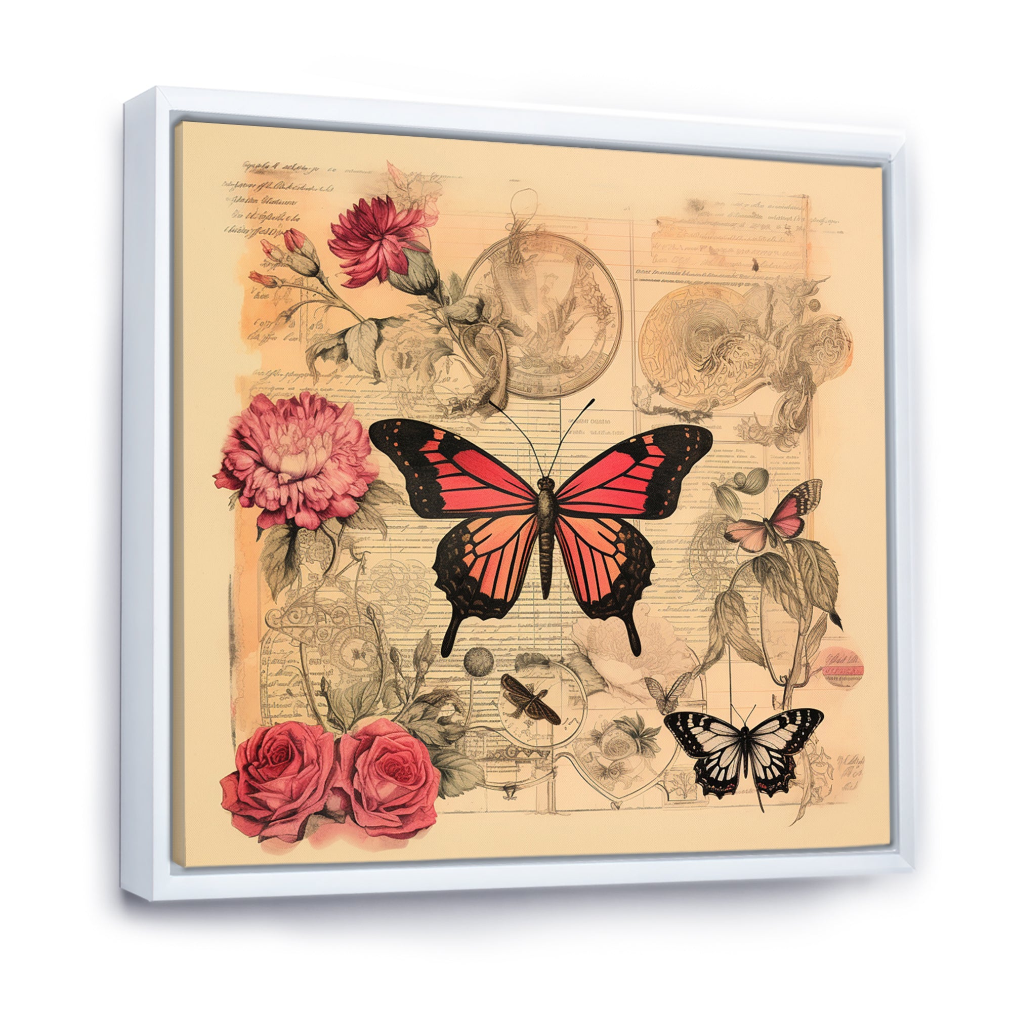 Vintage Illustration Of Romantic Pink Butterfly - Butterfly Canvas Wall Art
