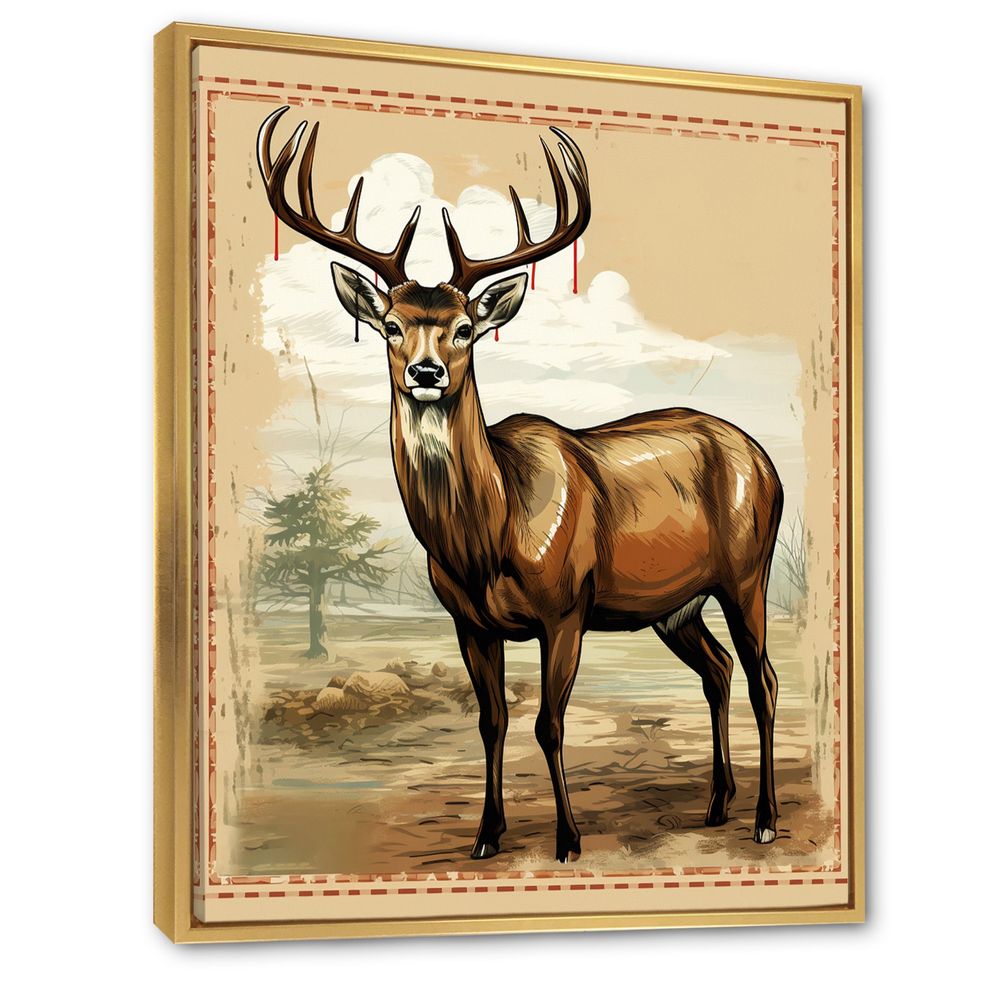 Majestic Deer Retro Illustration - Brown Deer Wall Art
