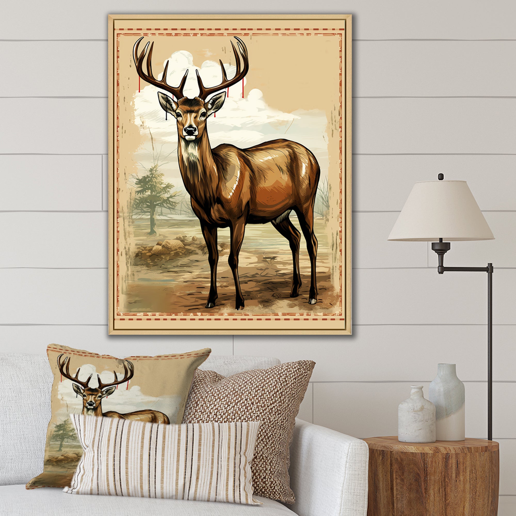 Majestic Deer Retro Illustration - Brown Deer Wall Art