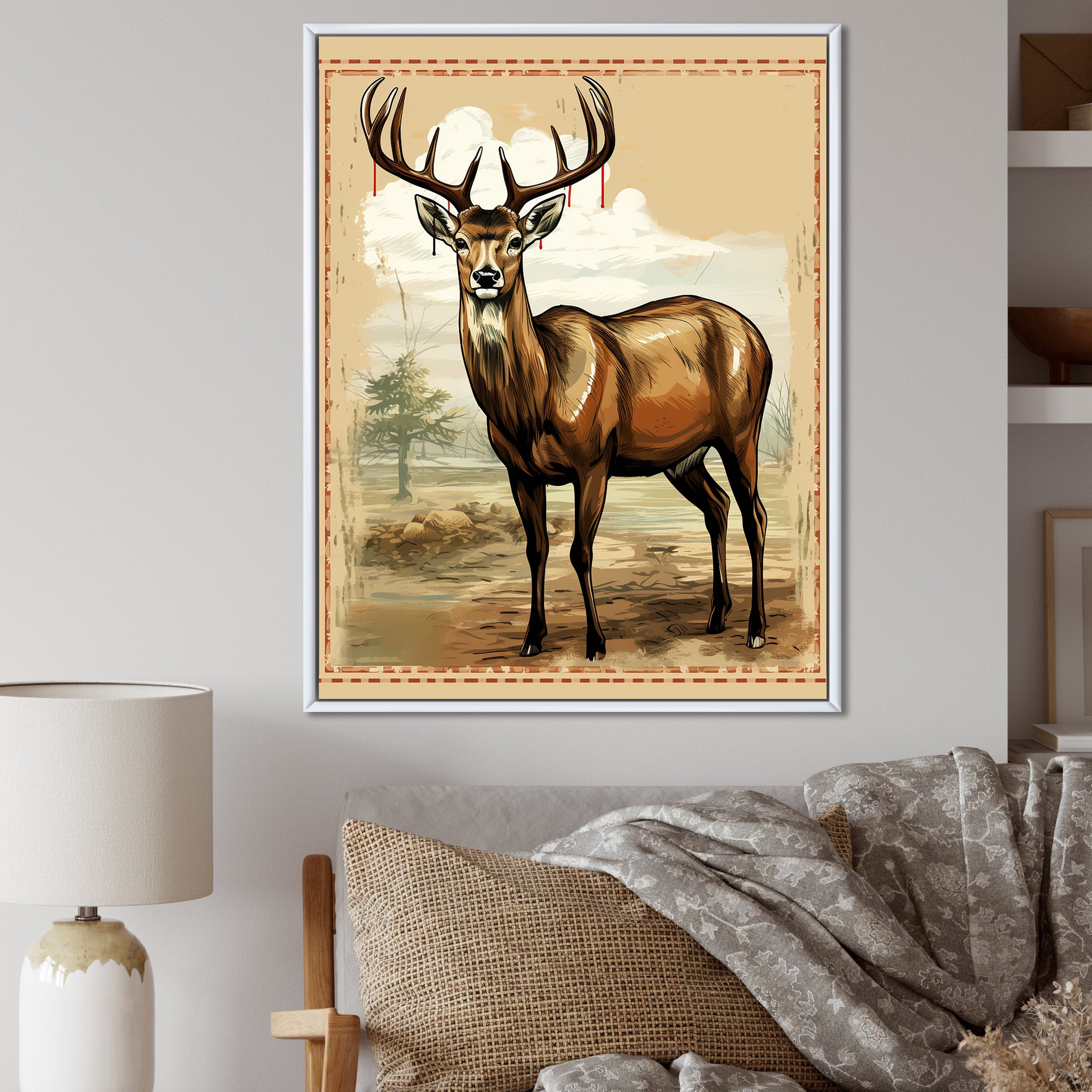 Majestic Deer Retro Illustration - Brown Deer Wall Art