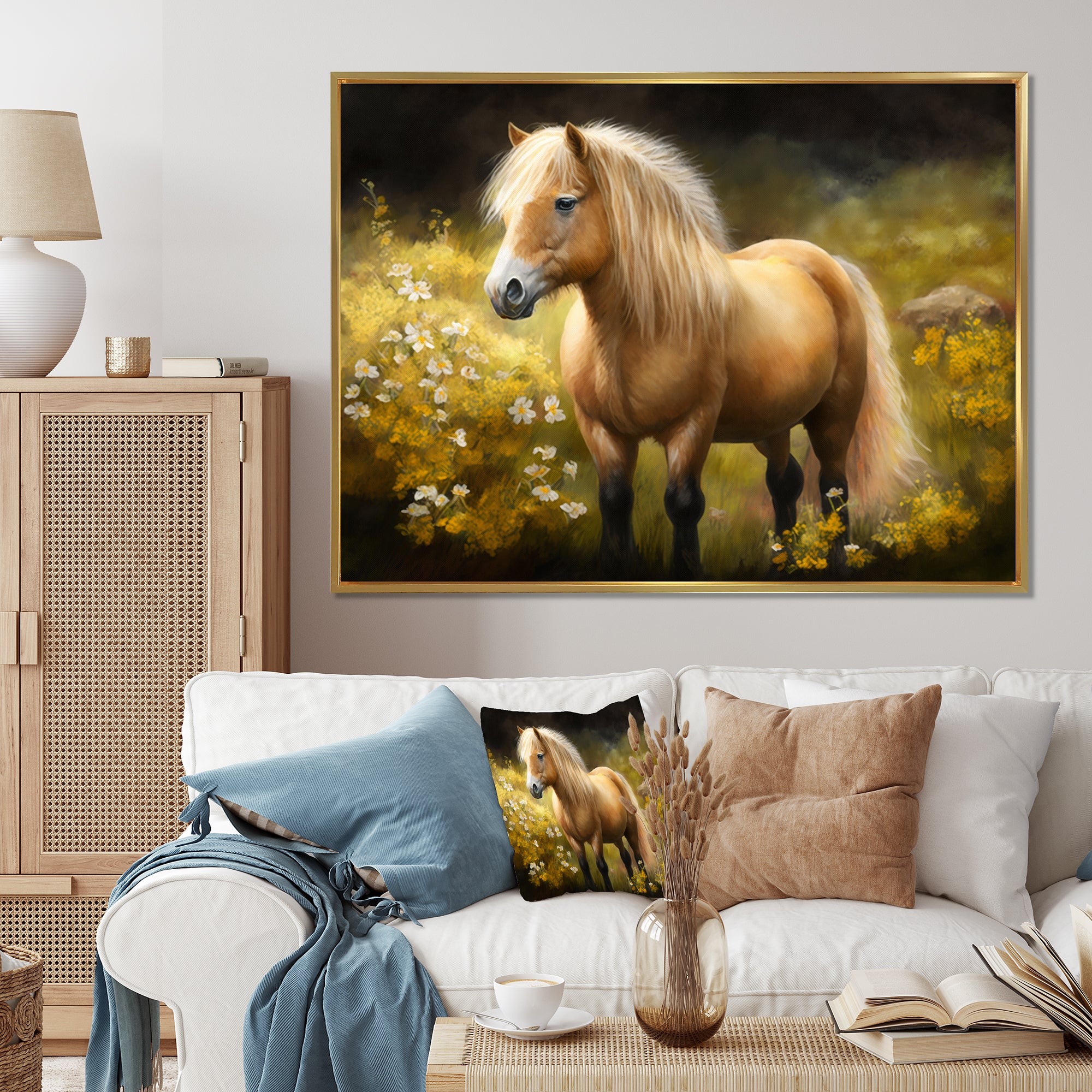 Golden Pony In Flower Meadow - Horse Wall Art Prints