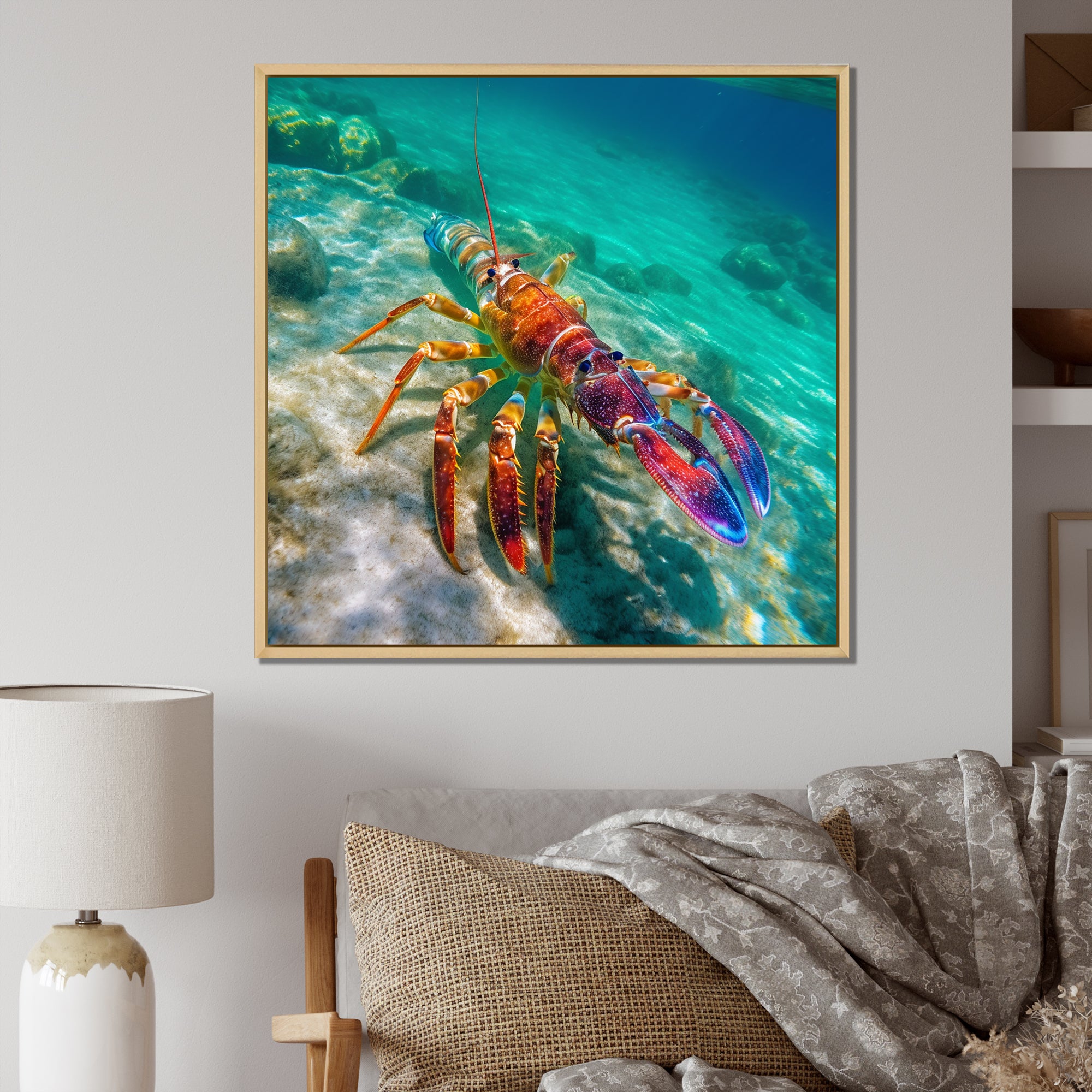 Red Lobster In Tropical Turquoise Water - Lobster Living Room Wall Art