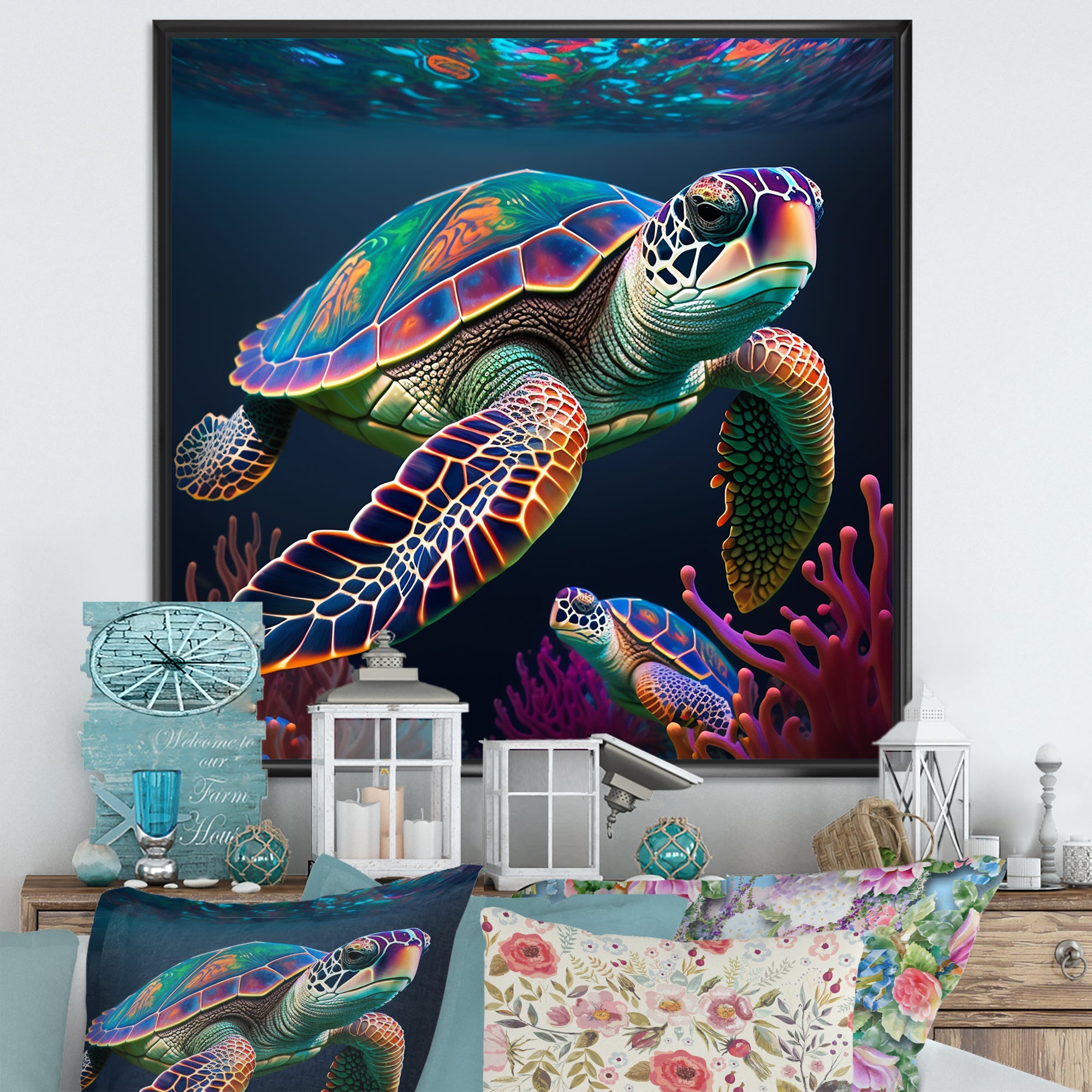 Colorful Deep Sea Turtle Portrait - Turtle Wall Art Prints