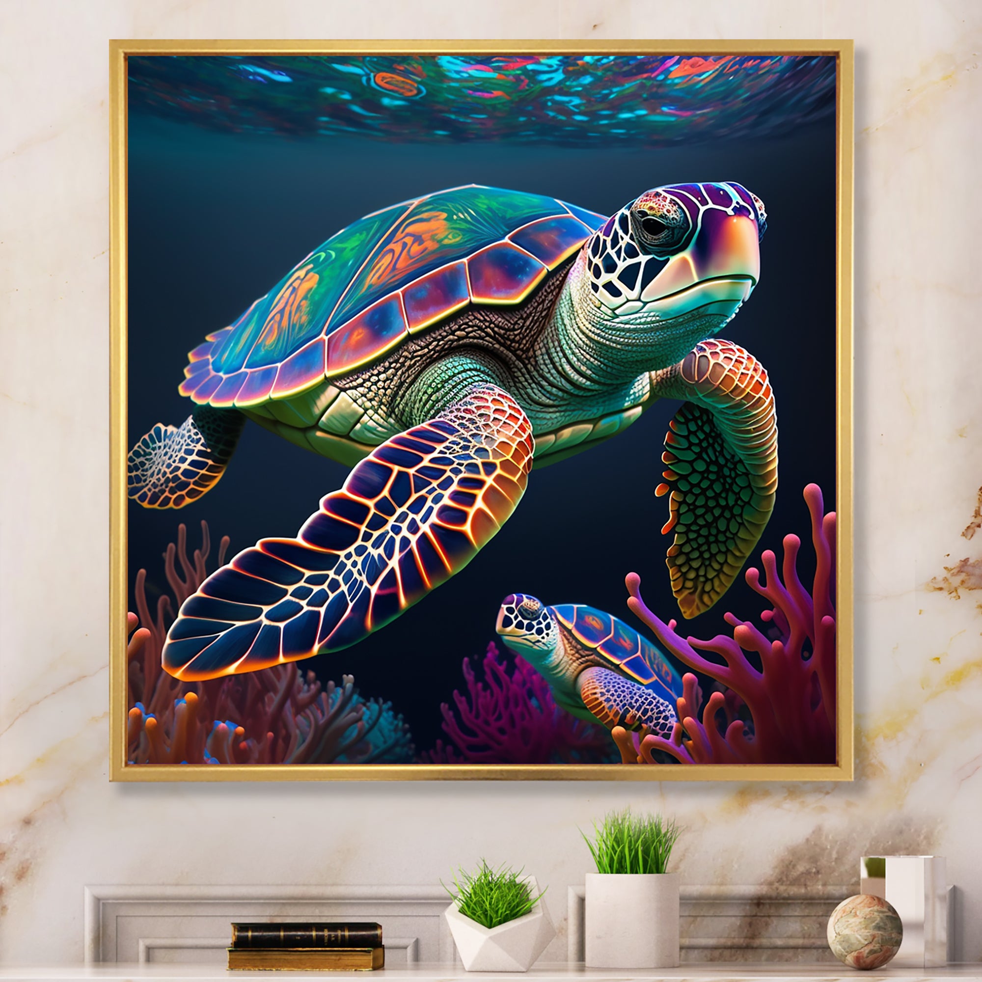 Colorful Deep Sea Turtle Portrait - Turtle Wall Art Prints