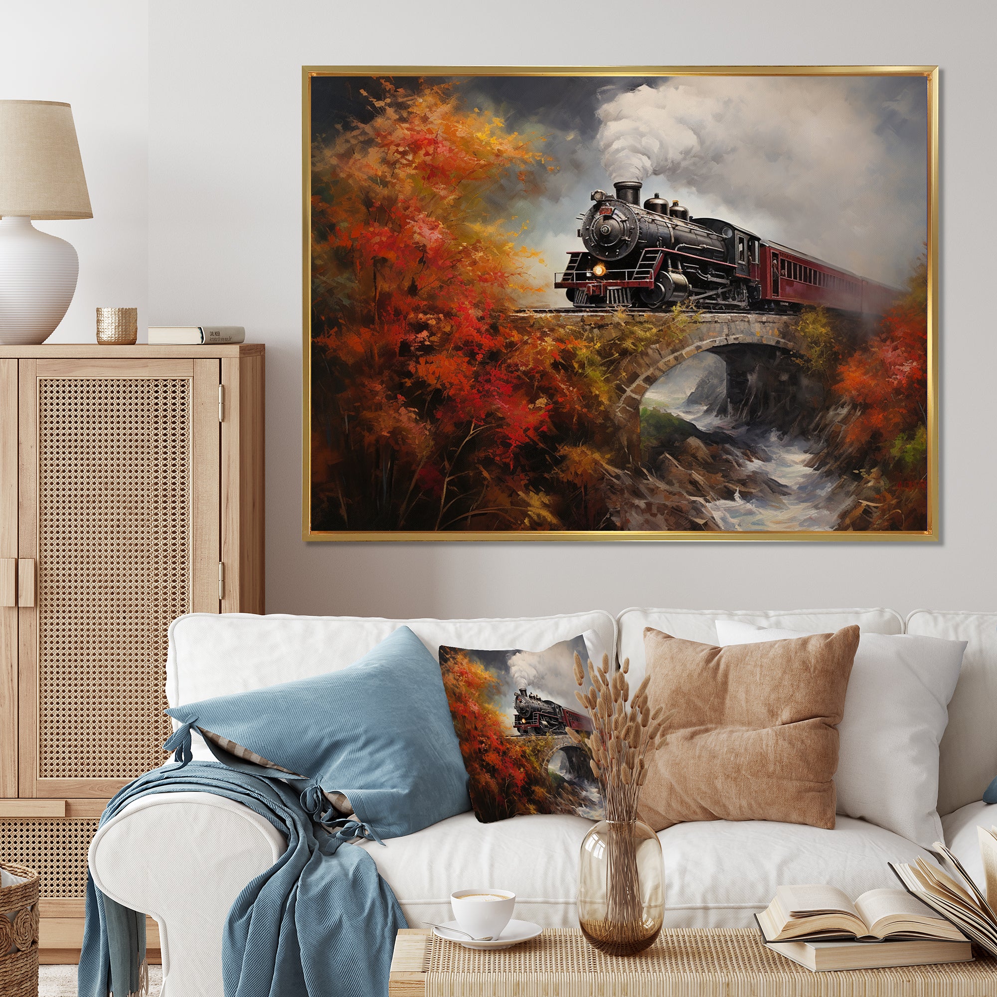 Steam train Crossing Autumn Bridge Painting - Train Canvas Wall Art