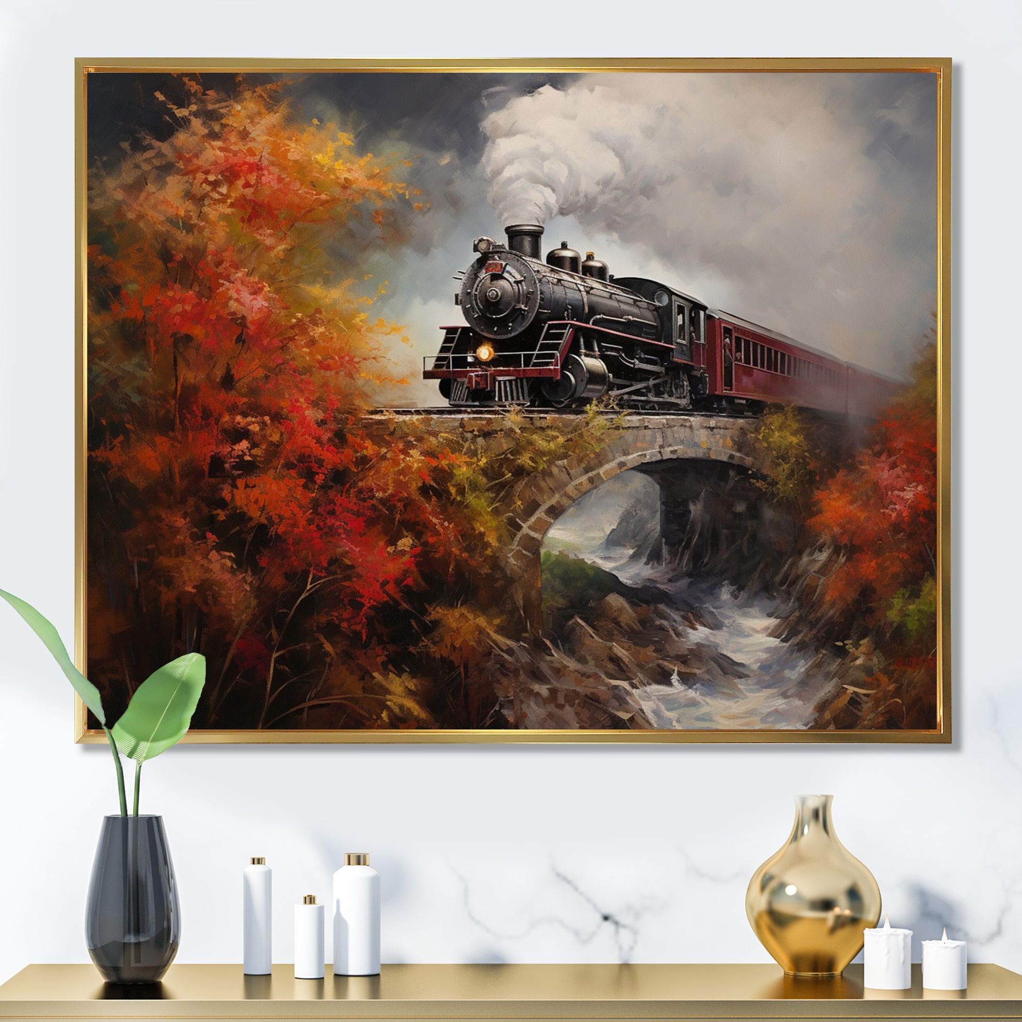 Steam train Crossing Autumn Bridge Painting - Train Canvas Wall Art