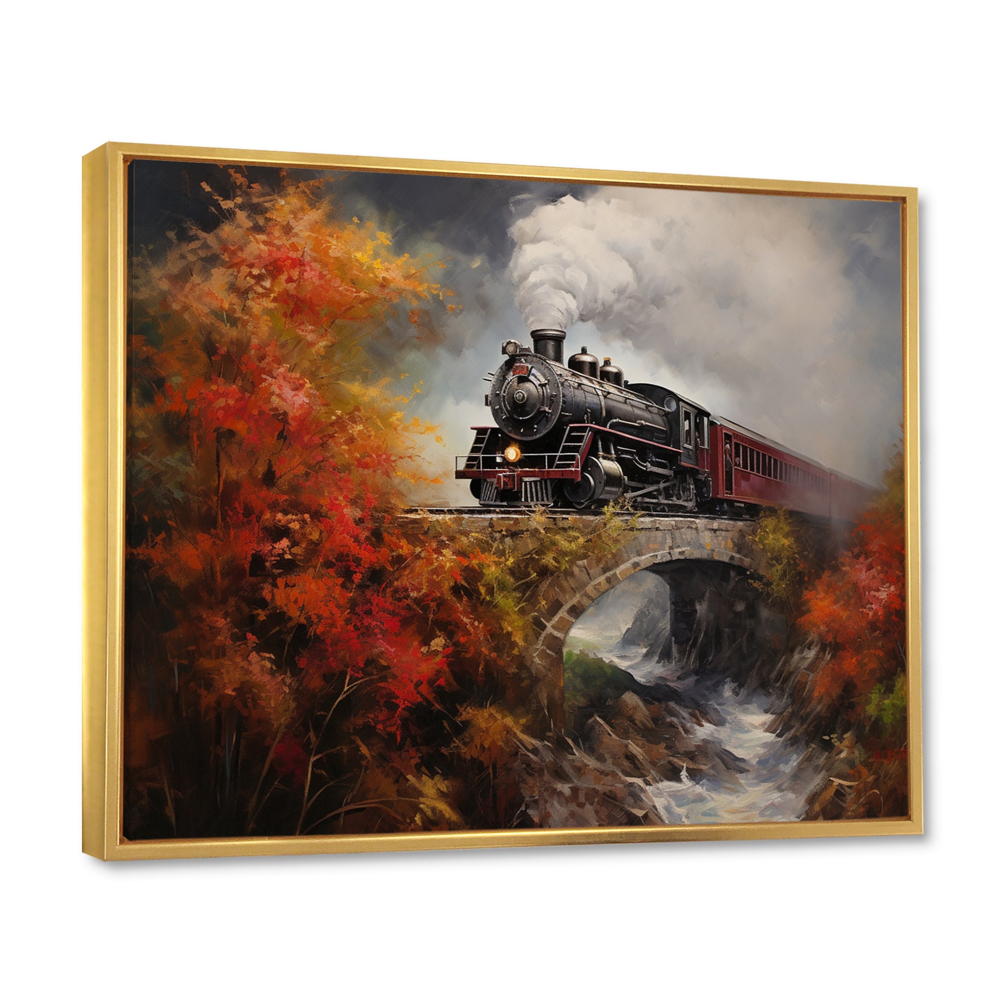 Steam train Crossing Autumn Bridge Painting - Train Canvas Wall Art