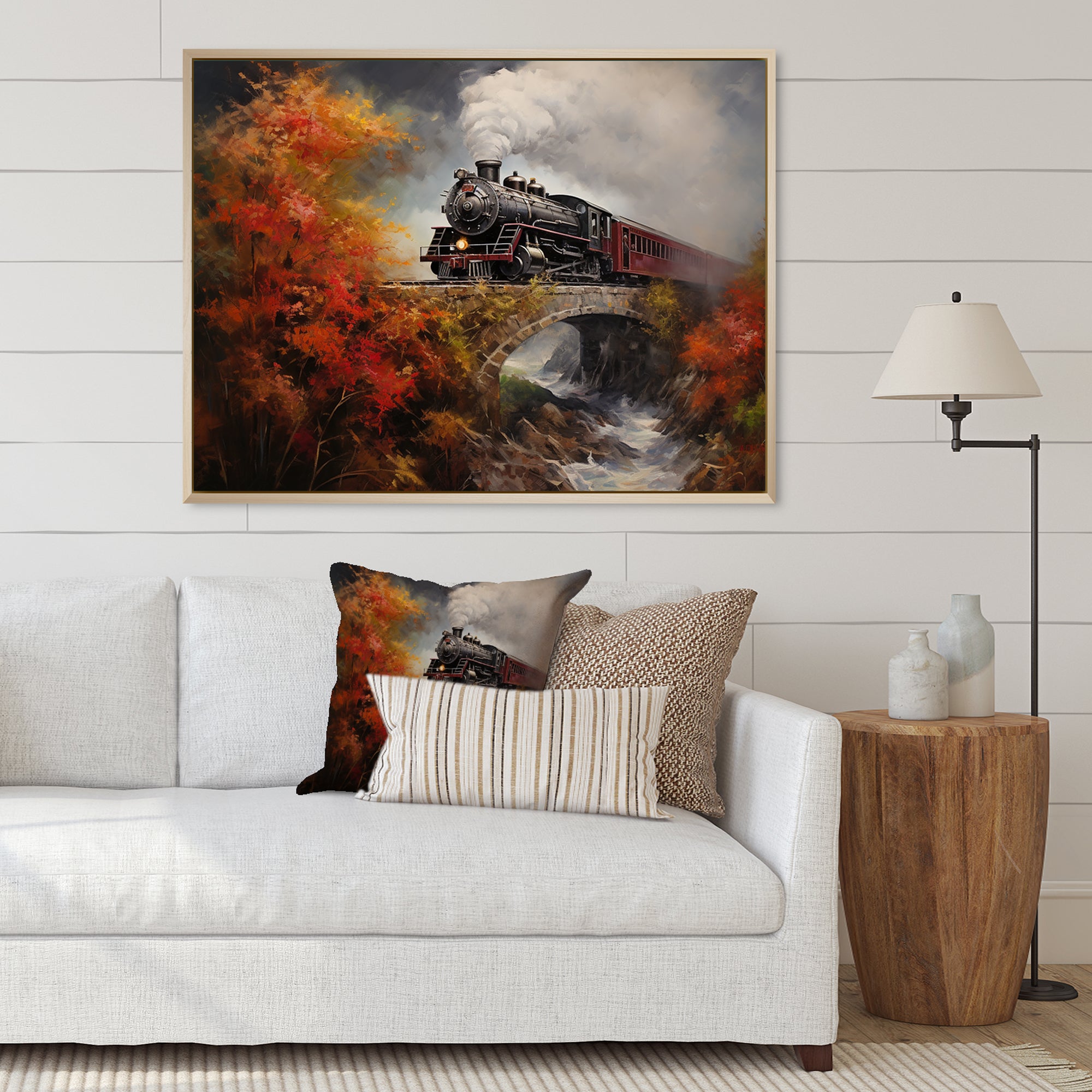 Steam train Crossing Autumn Bridge Painting - Train Canvas Wall Art
