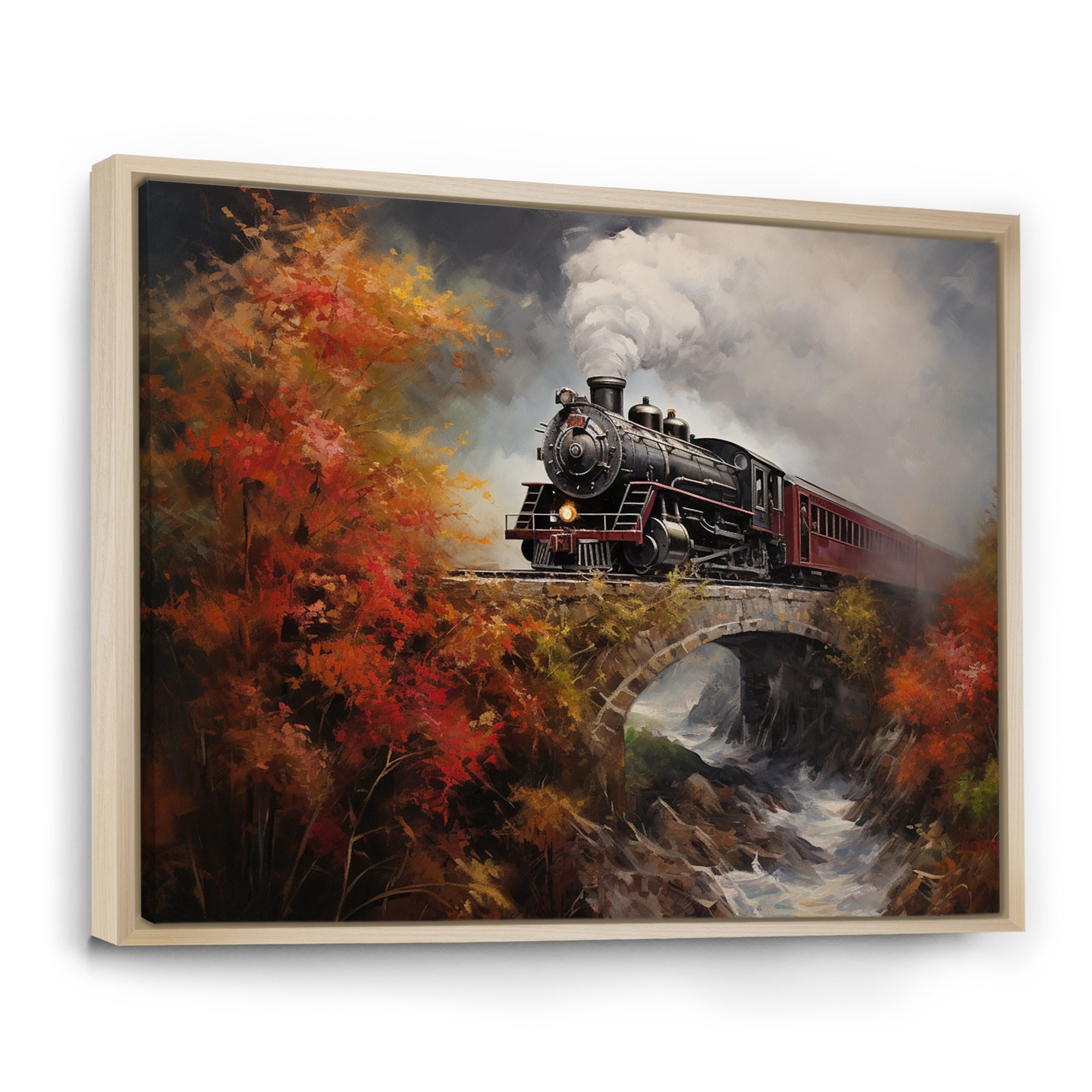 Steam train Crossing Autumn Bridge Painting - Train Canvas Wall Art