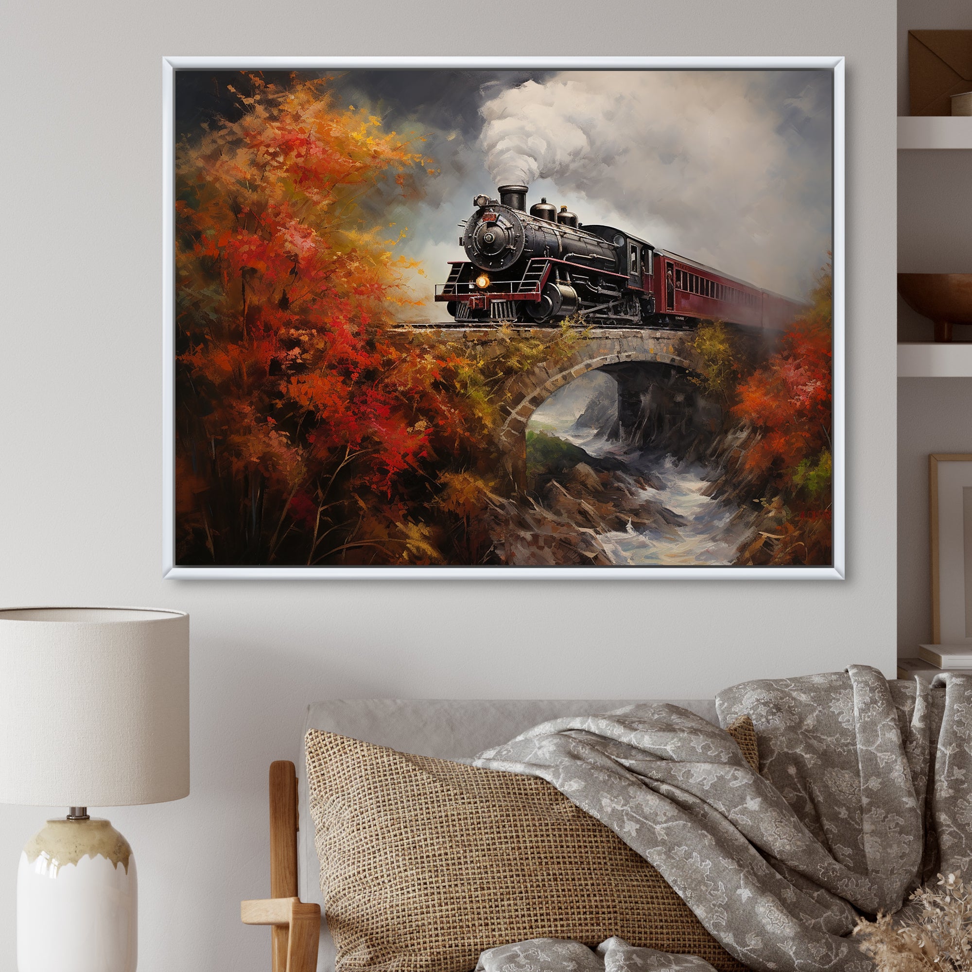 Steam train Crossing Autumn Bridge Painting - Train Canvas Wall Art