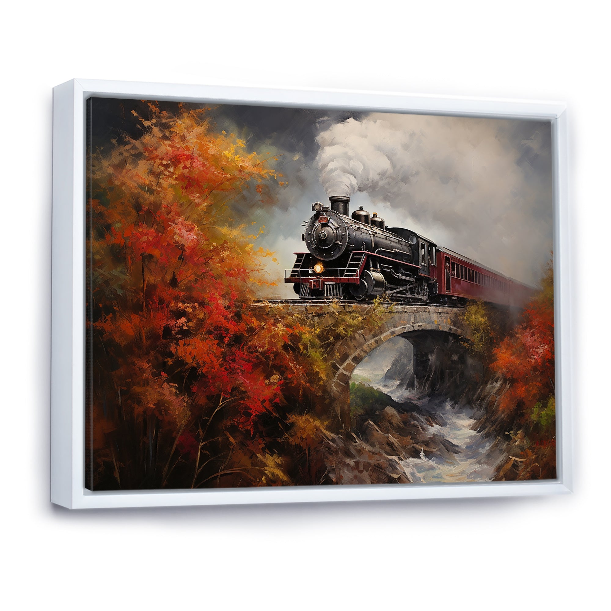 Steam train Crossing Autumn Bridge Painting - Train Canvas Wall Art