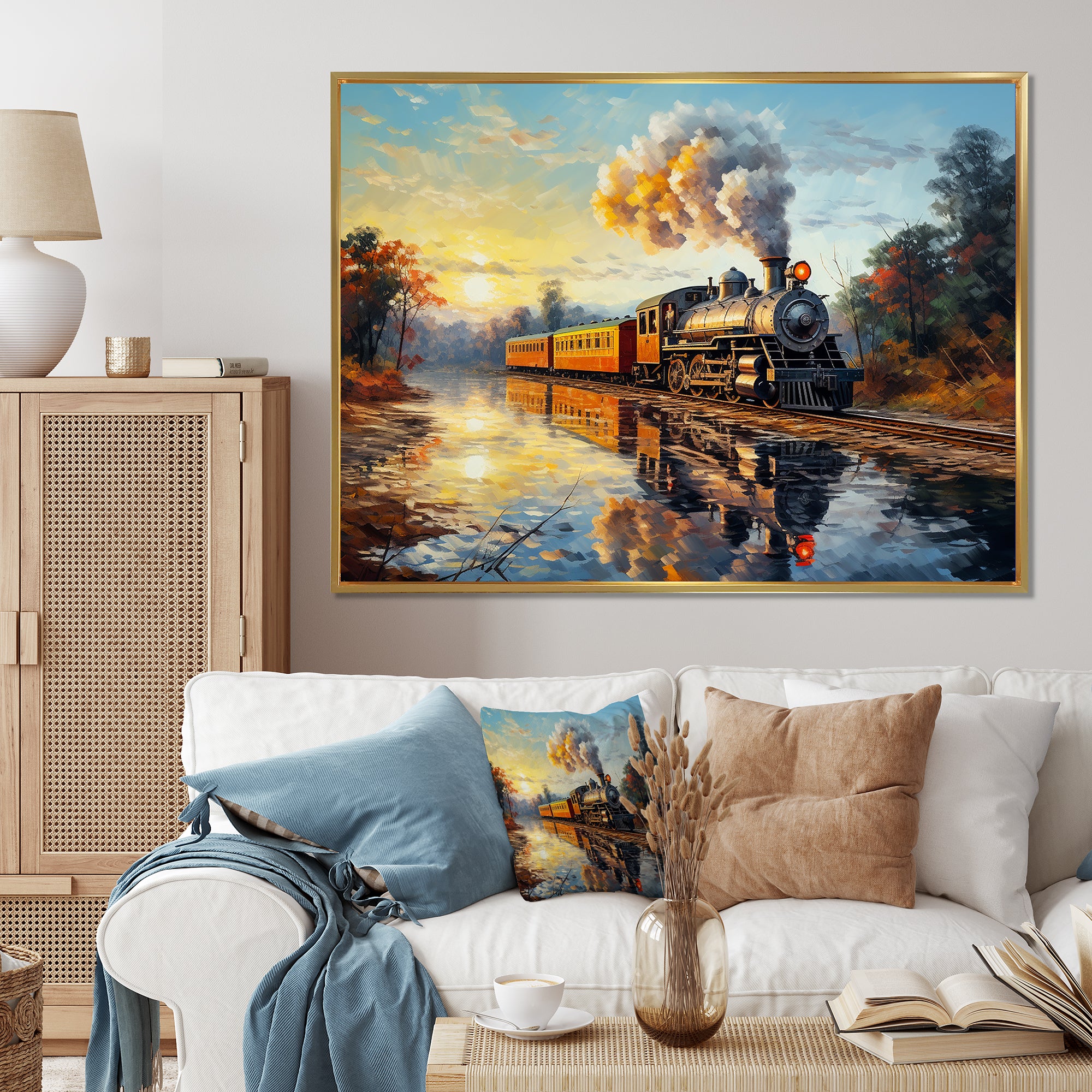Steam train Travelling In The Sunset Painting - Train Canvas Wall Art