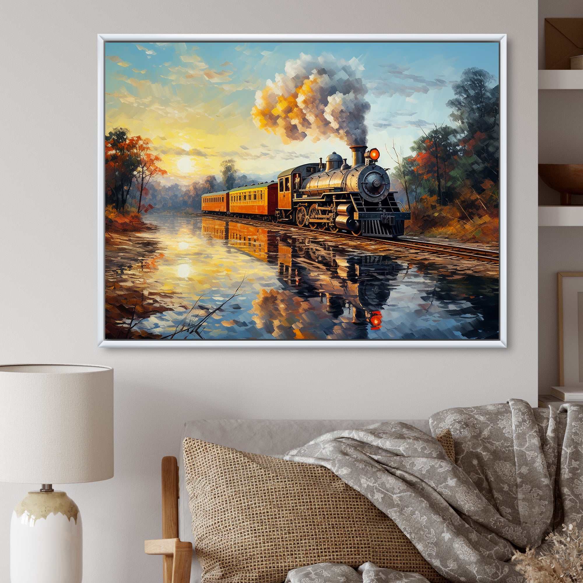 Steam train Travelling In The Sunset Painting - Train Canvas Wall Art