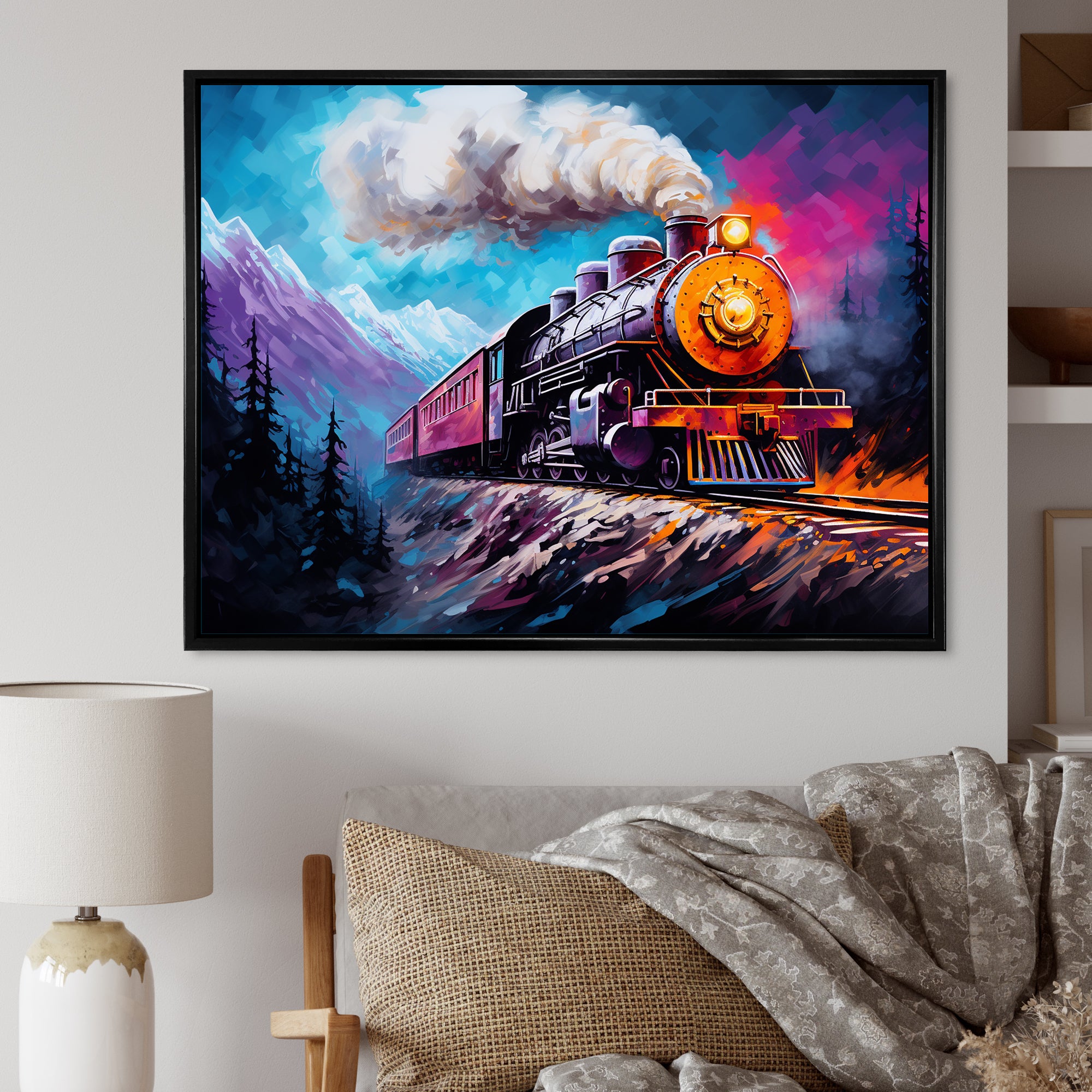 Steam train Travelling In Winter Snow Painting - Train Canvas Wall Art