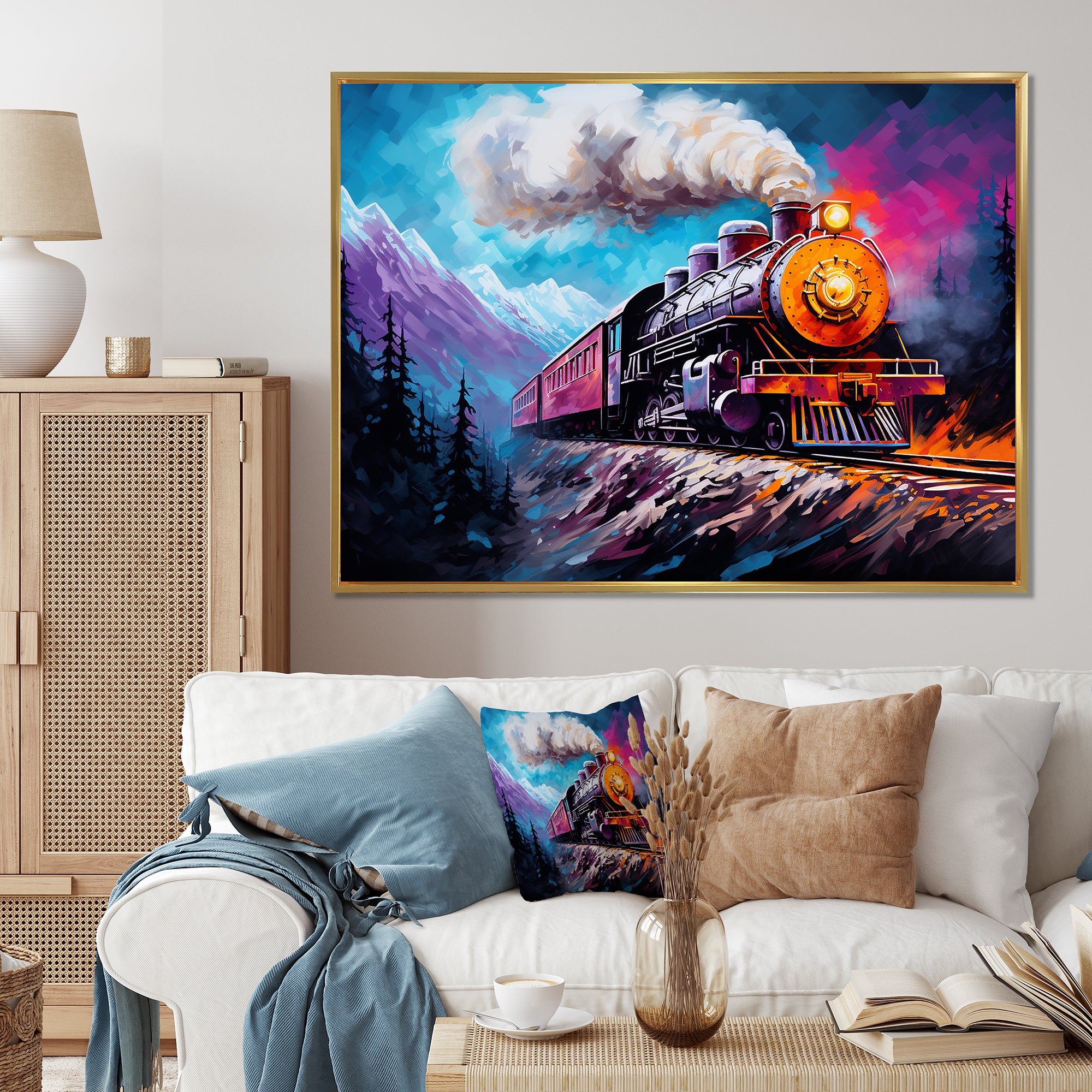 Steam train Travelling In Winter Snow Painting - Train Canvas Wall Art