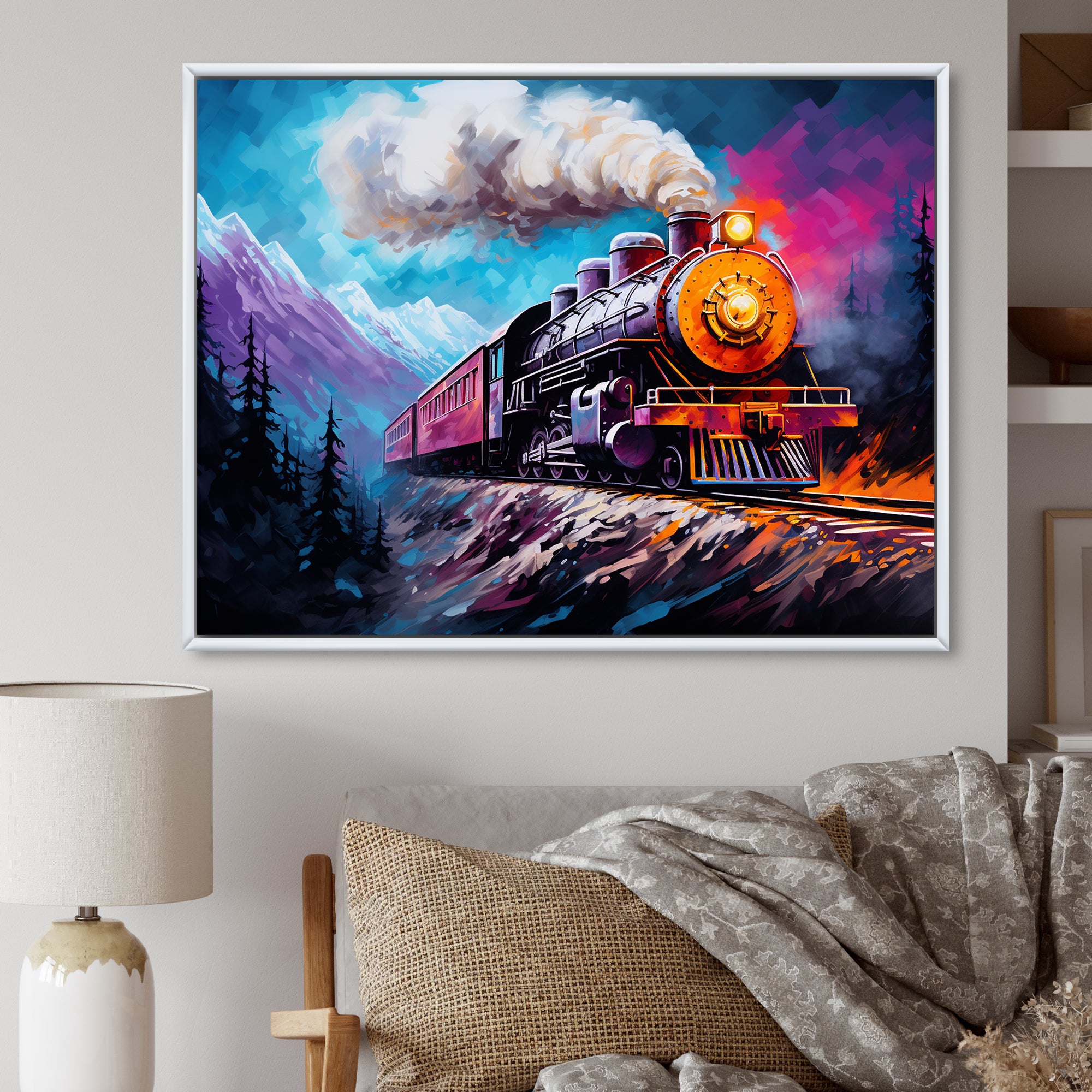Steam train Travelling In Winter Snow Painting - Train Canvas Wall Art