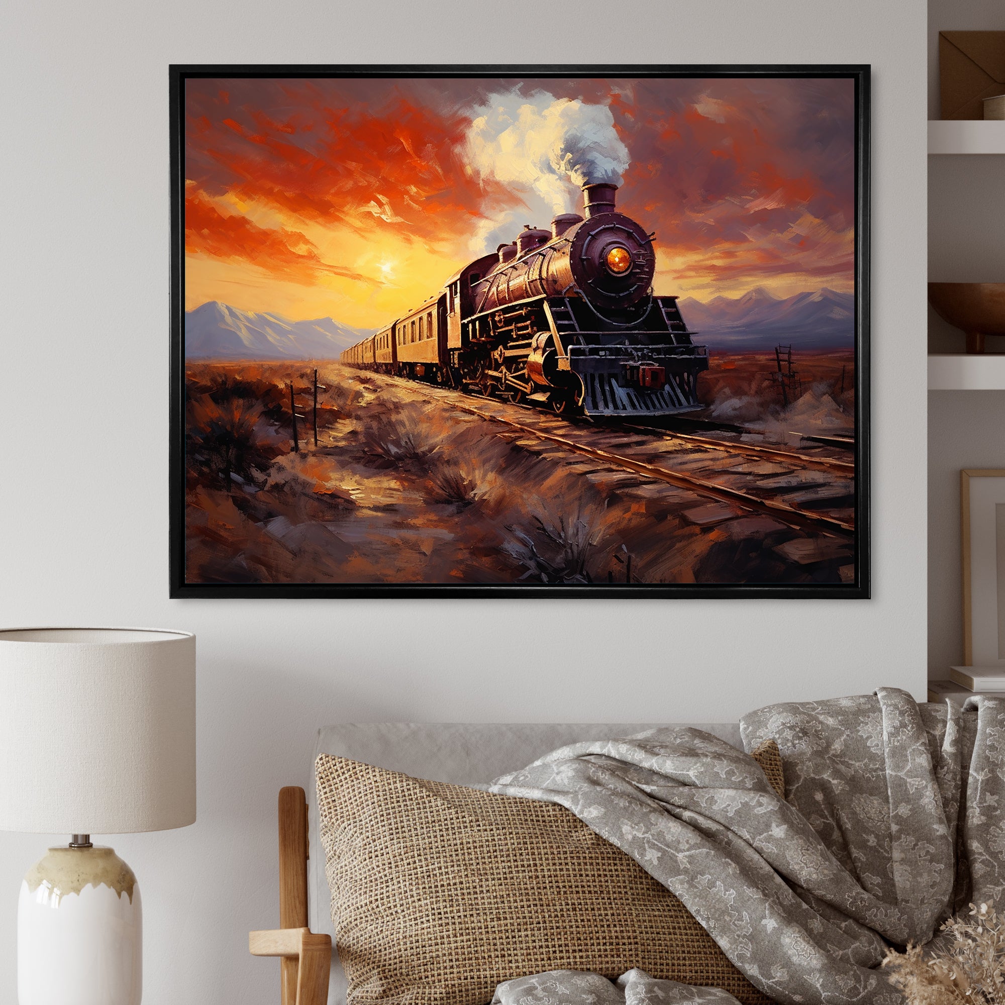 Steam train Travelling Sunset Landscape Painting I - Train Canvas Wall Art