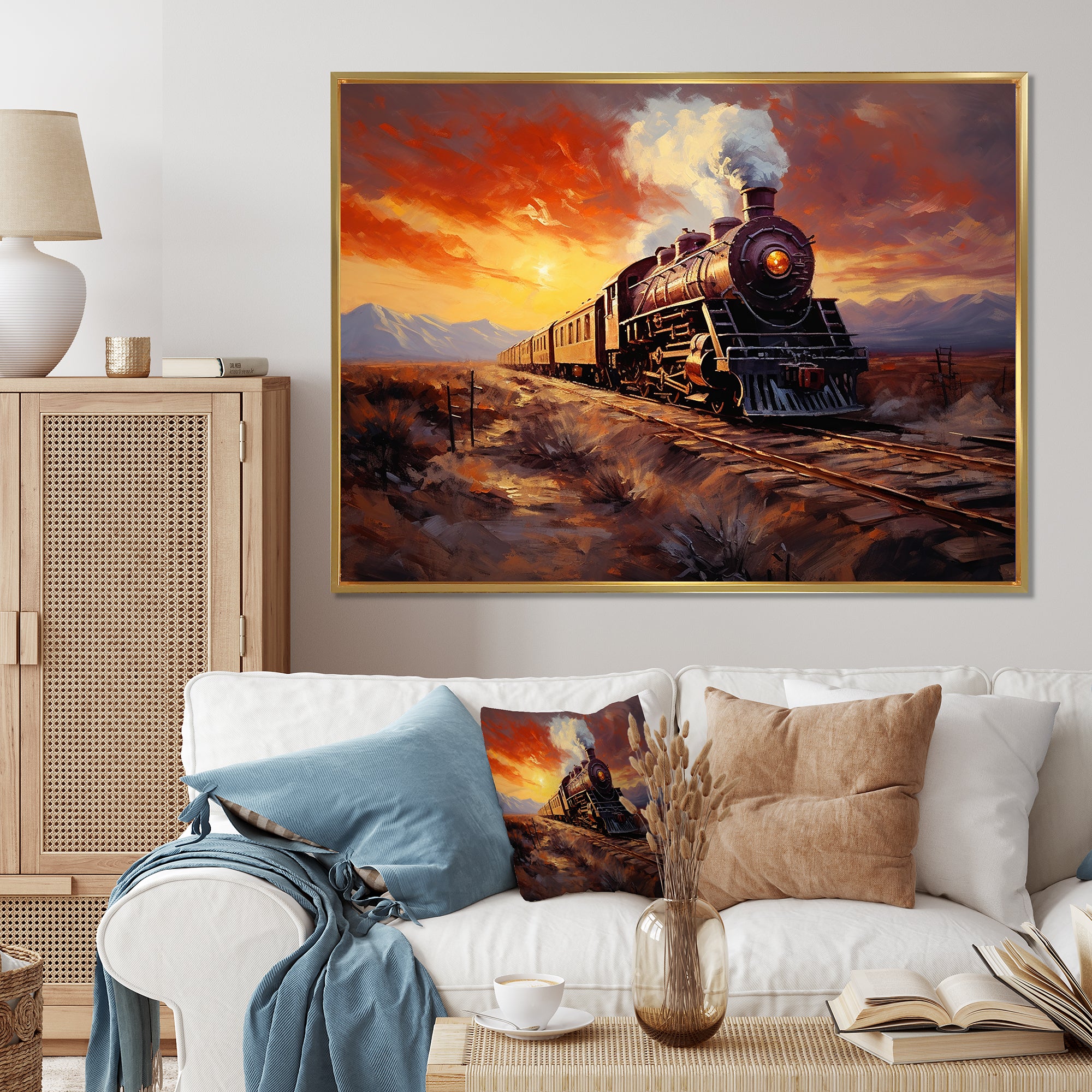 Steam train Travelling Sunset Landscape Painting I - Train Canvas Wall Art